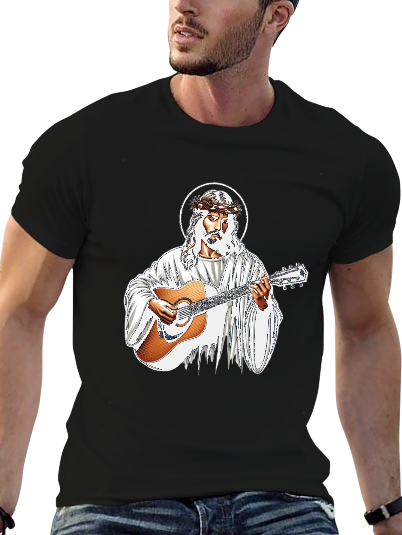 Jesus Christ Guitarist Graphic Black T-Shirt