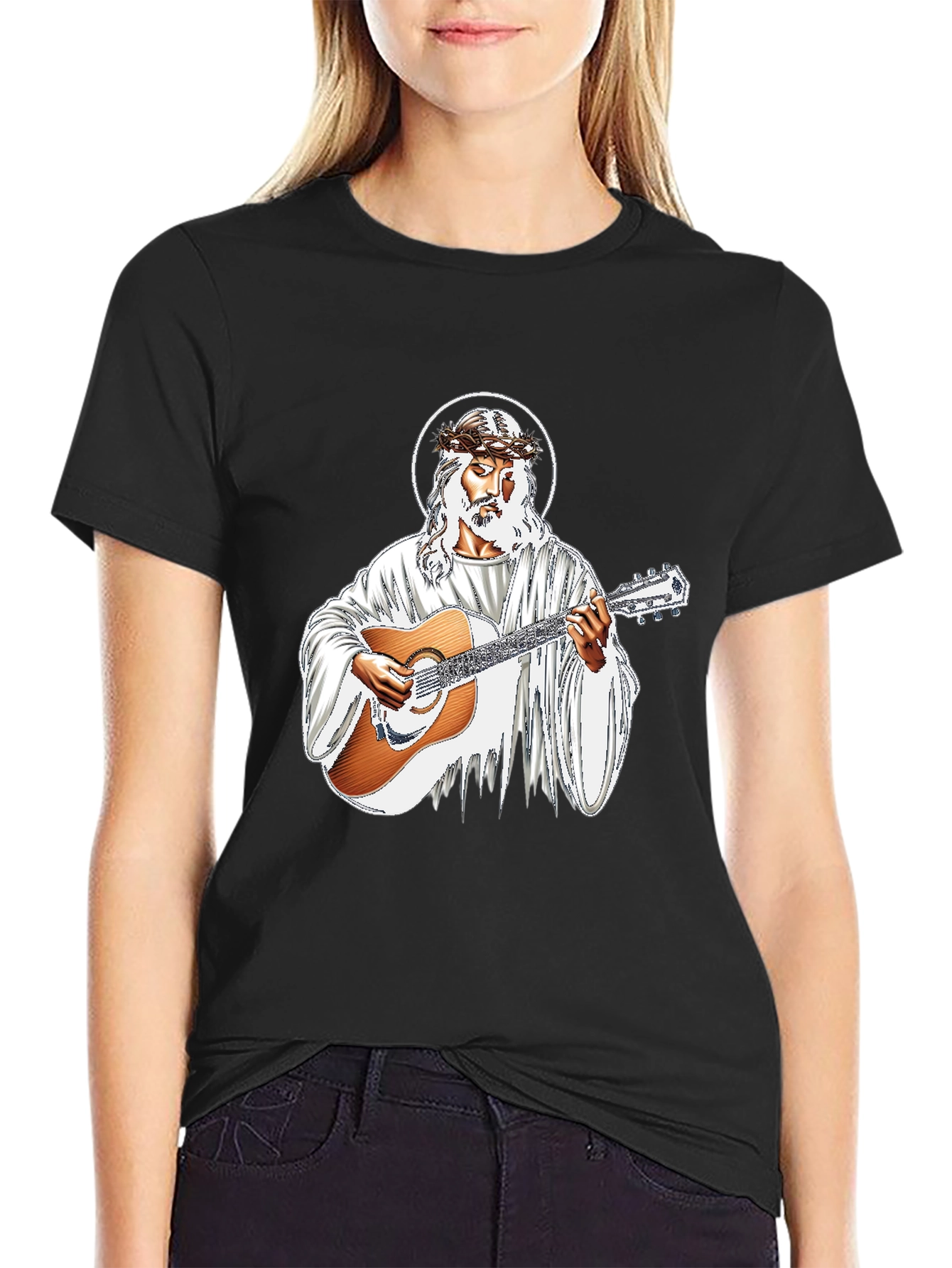 Jesus Christ Guitarist Graphic Black T-Shirt