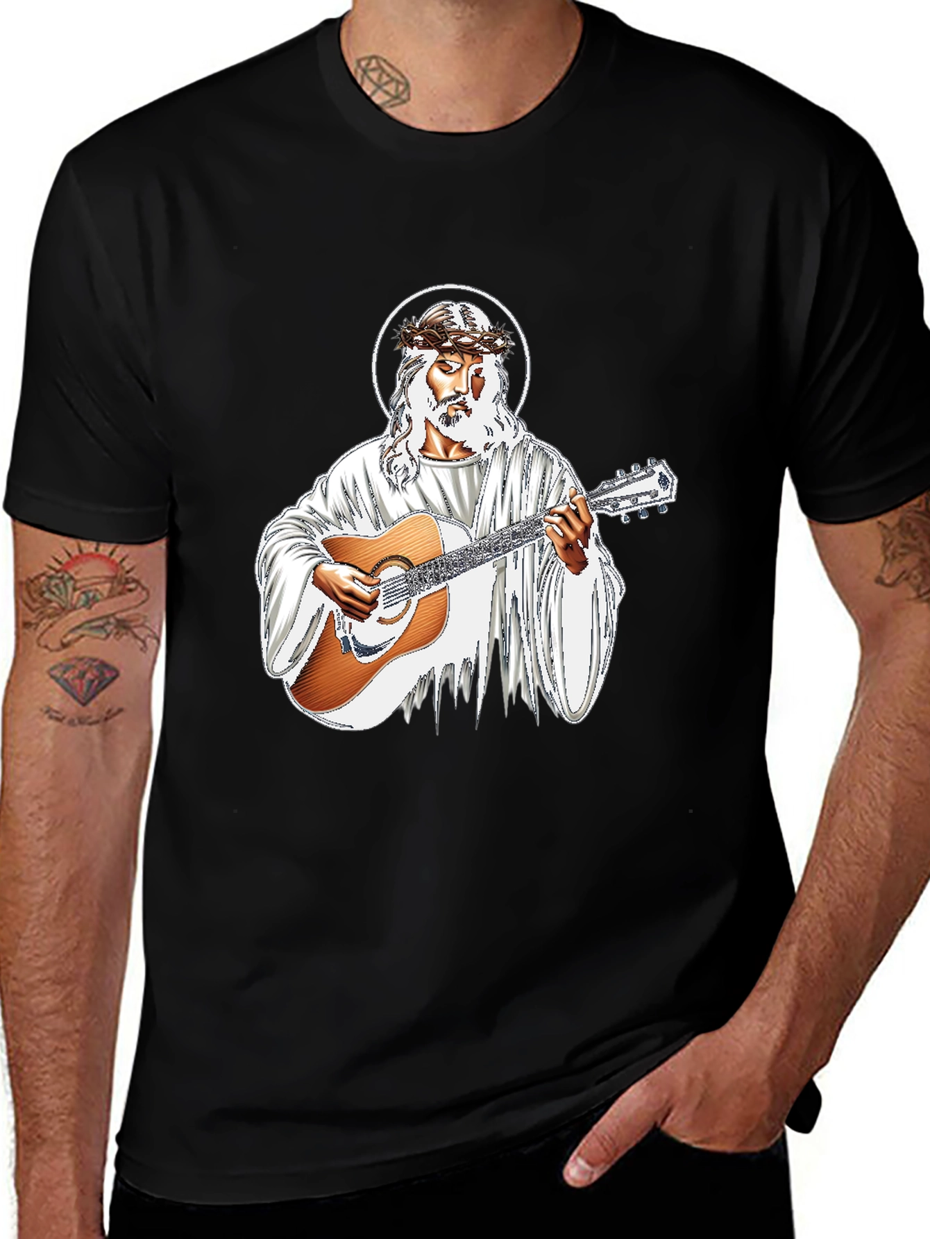 Jesus Christ Guitarist Graphic Black T-Shirt