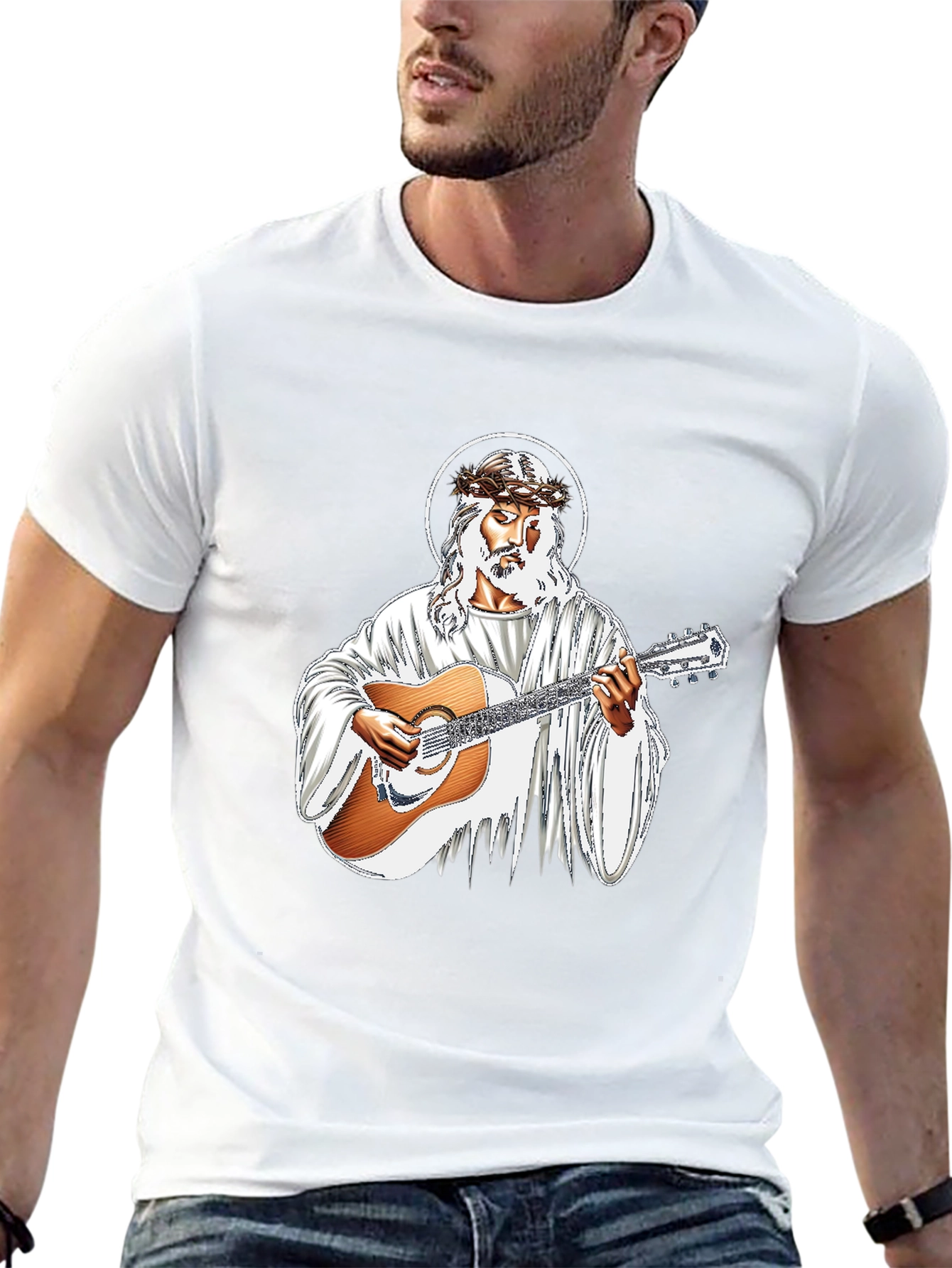 Jesus Christ Guitarist Graphic Black T-Shirt