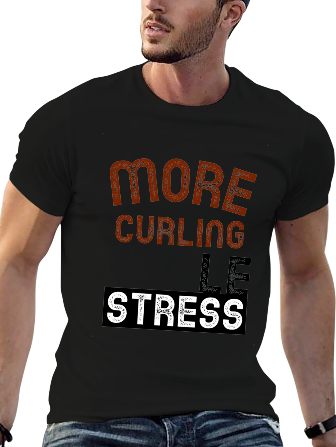 More Curling Less Stress Black T-Shirt