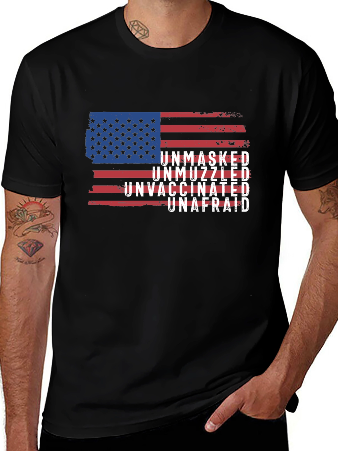 Unmasked Unvaccinated Unafraid American Flag T-Shirt