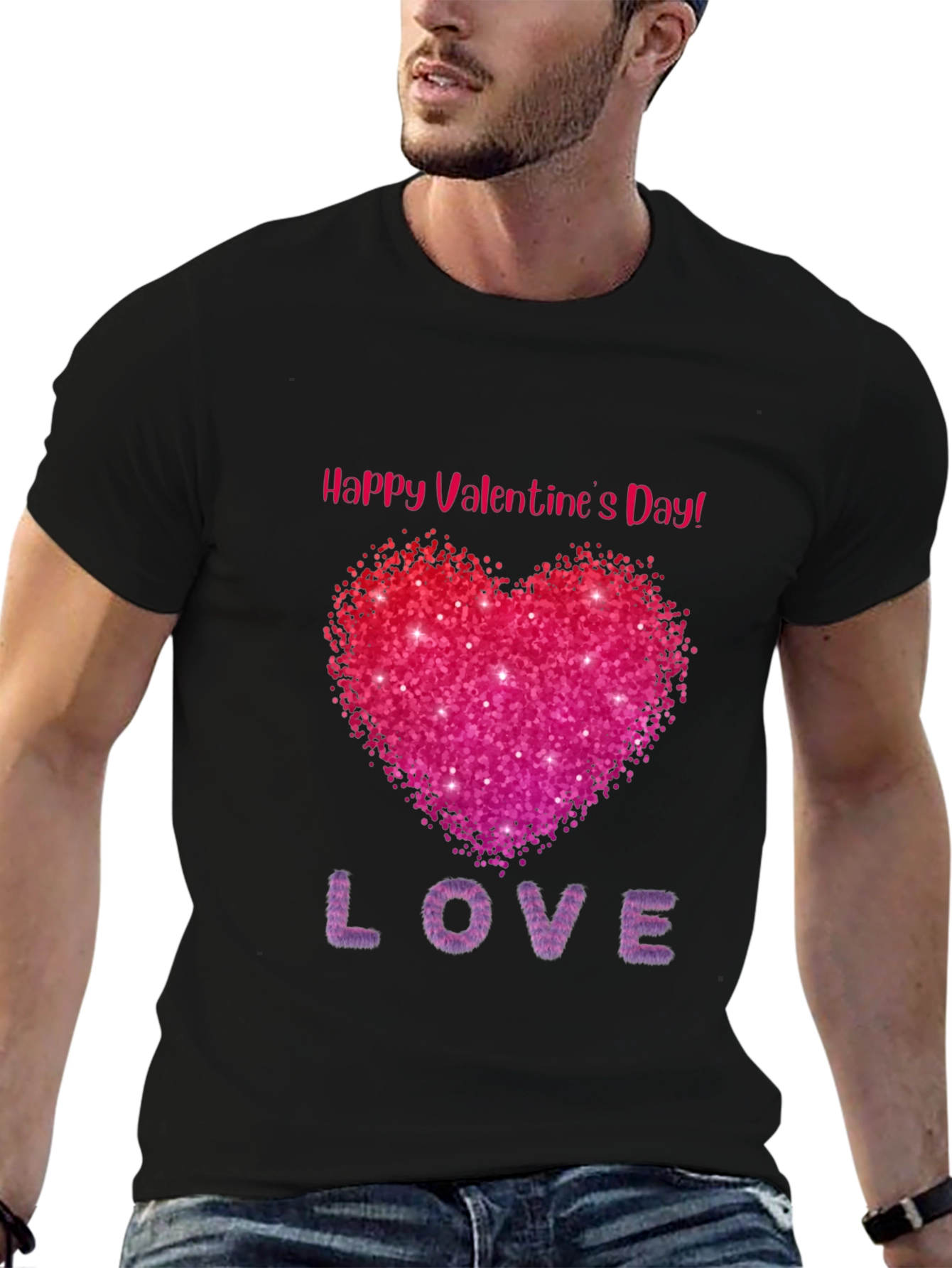 Valentines Day Sparkle Heart Black T-Shirt
