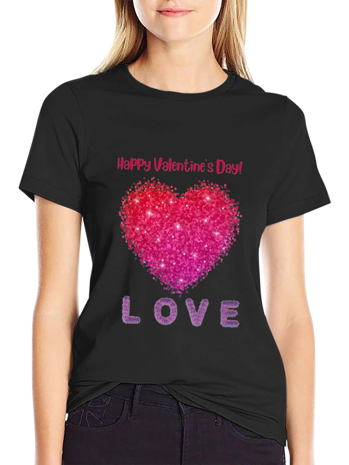Valentines Day Sparkle Heart Black T-Shirt