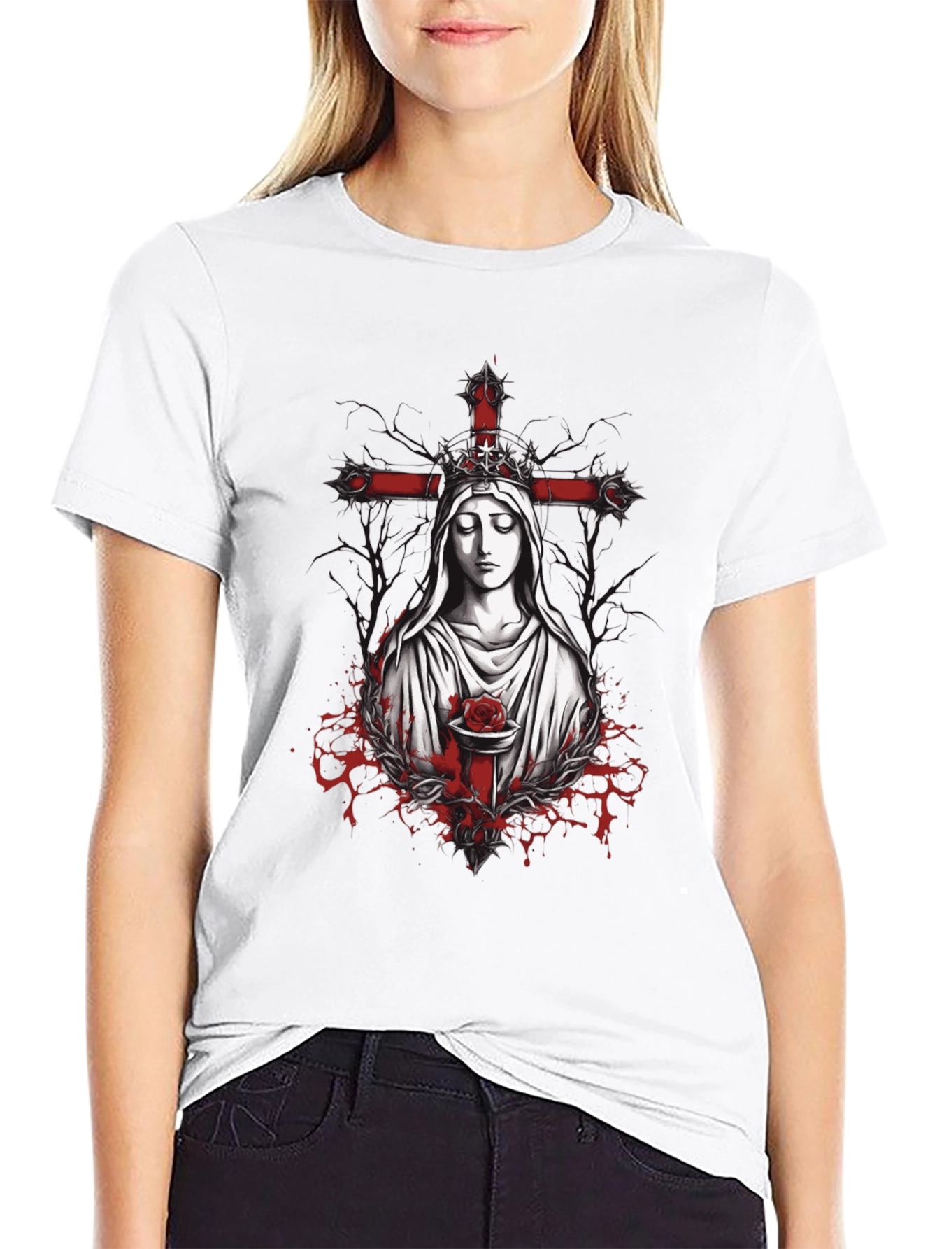 Virgin Mary Rose Cross Graphic Tee