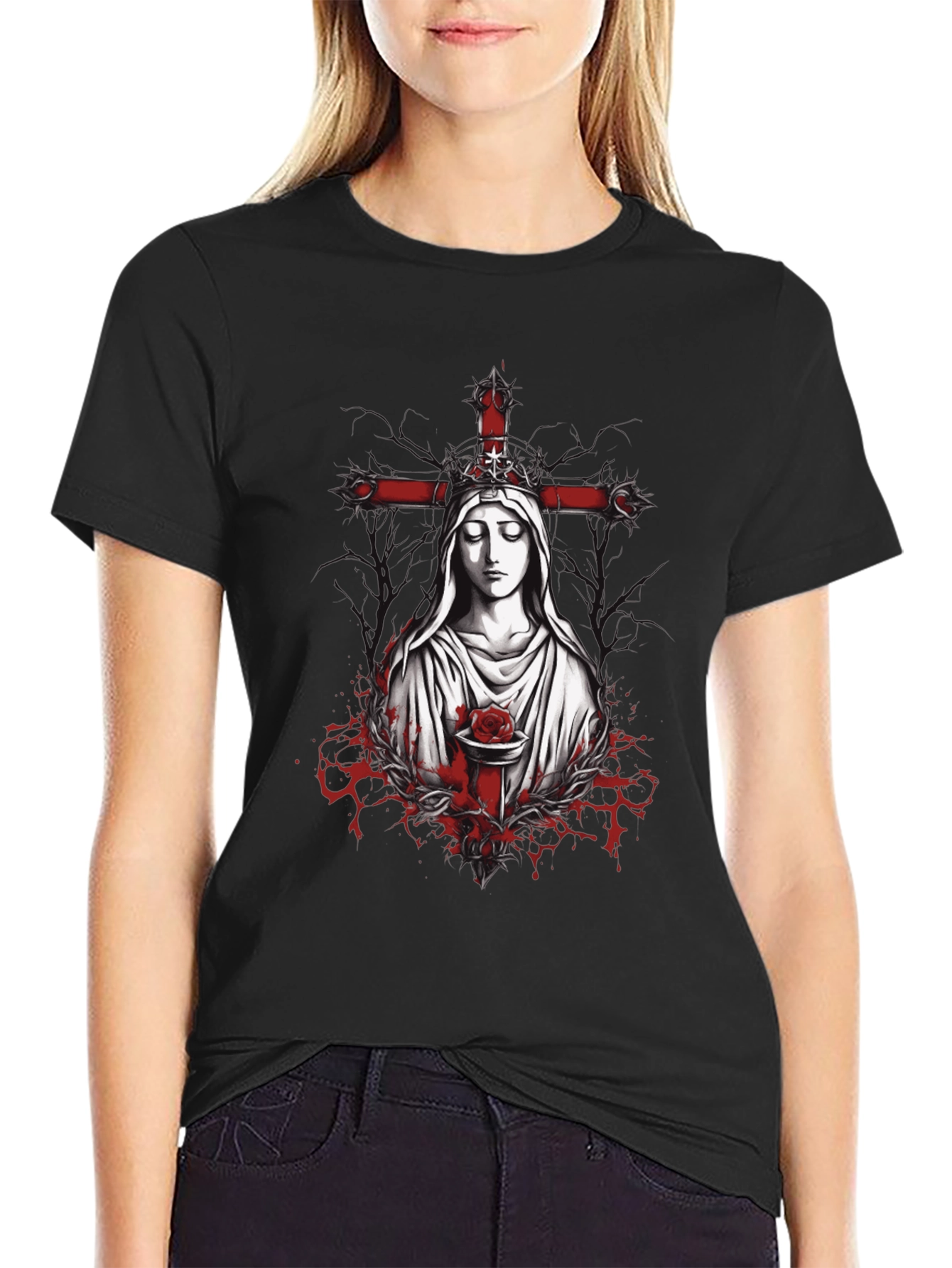 Virgin Mary Rose Cross Graphic Tee
