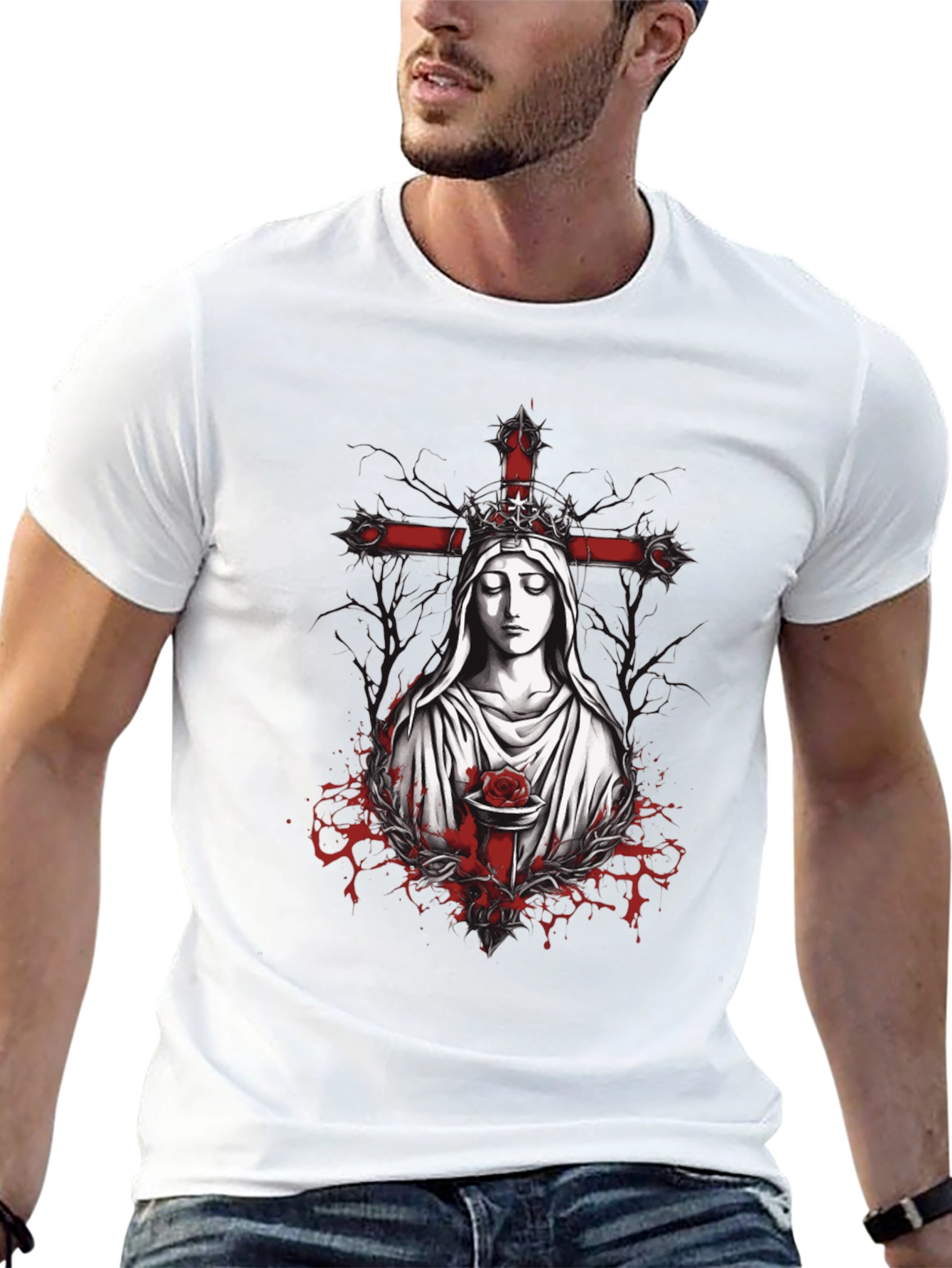 Virgin Mary Rose Cross Graphic Tee