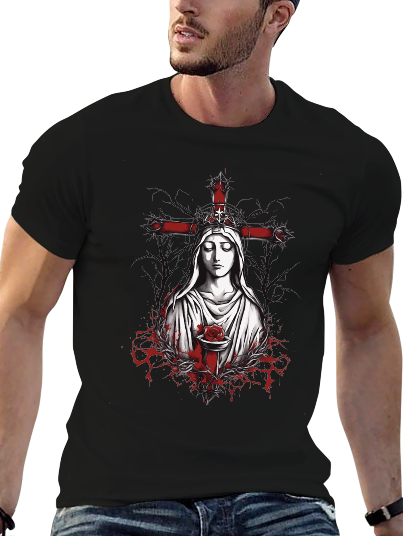 Virgin Mary Rose Cross Graphic Tee
