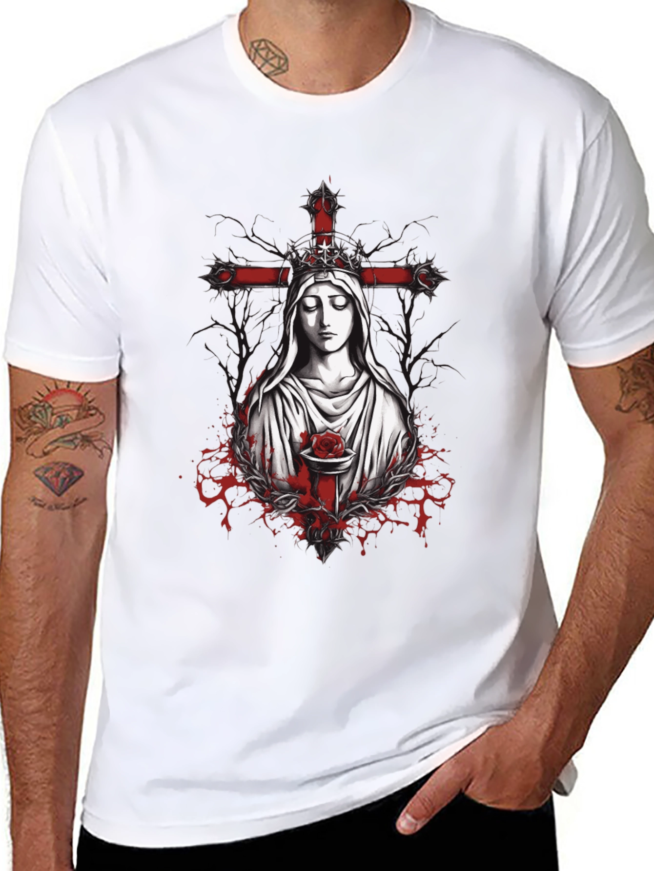 Virgin Mary Rose Cross Graphic Tee