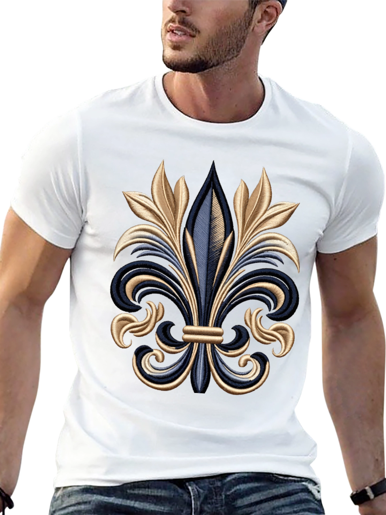 Fleur-de-lis Embroidered Graphic Tee - Stylish Mens Black T-Shirt
