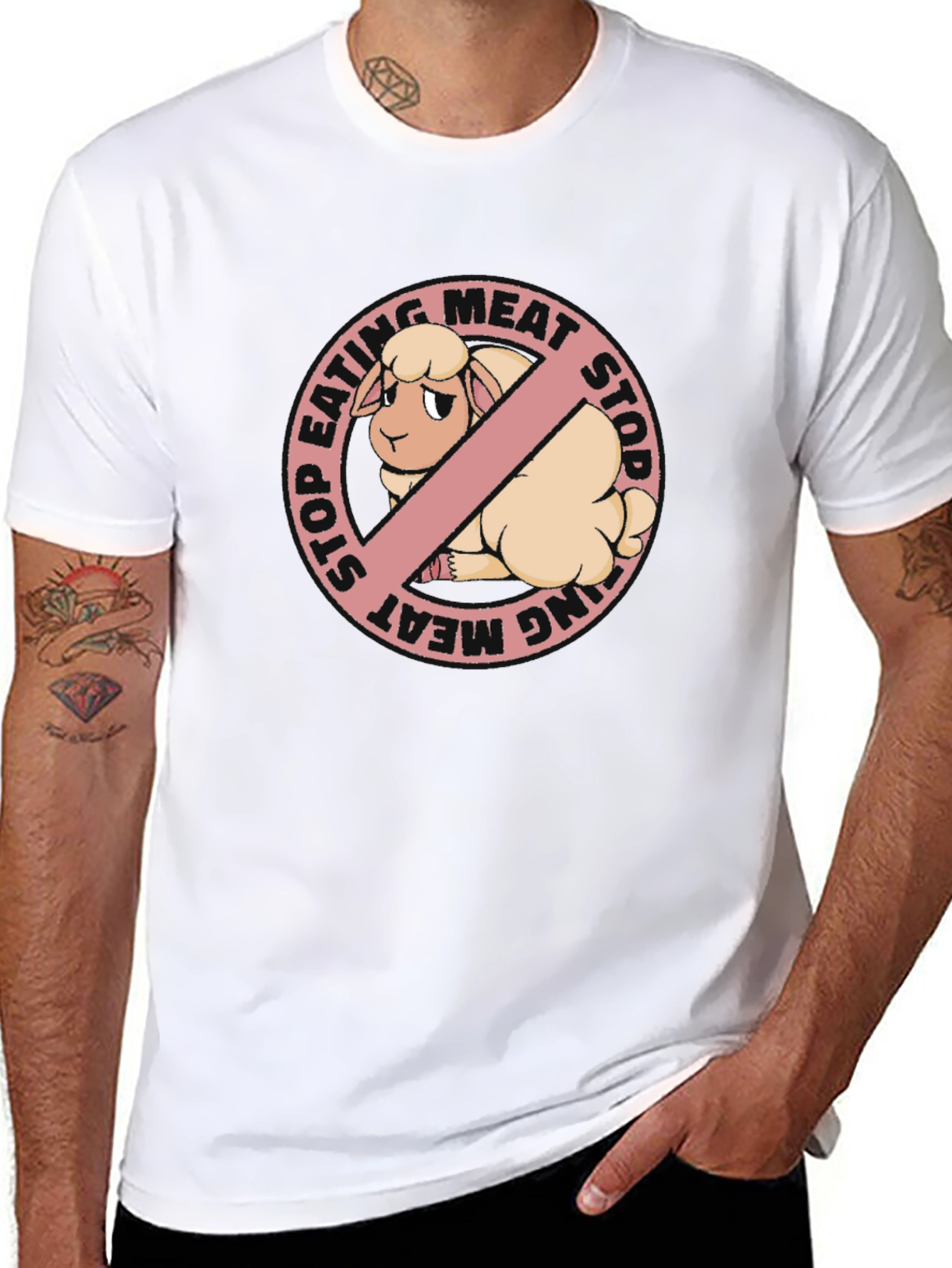 Stop Eating Meat Vegan T-Shirt with Sheep Graphic