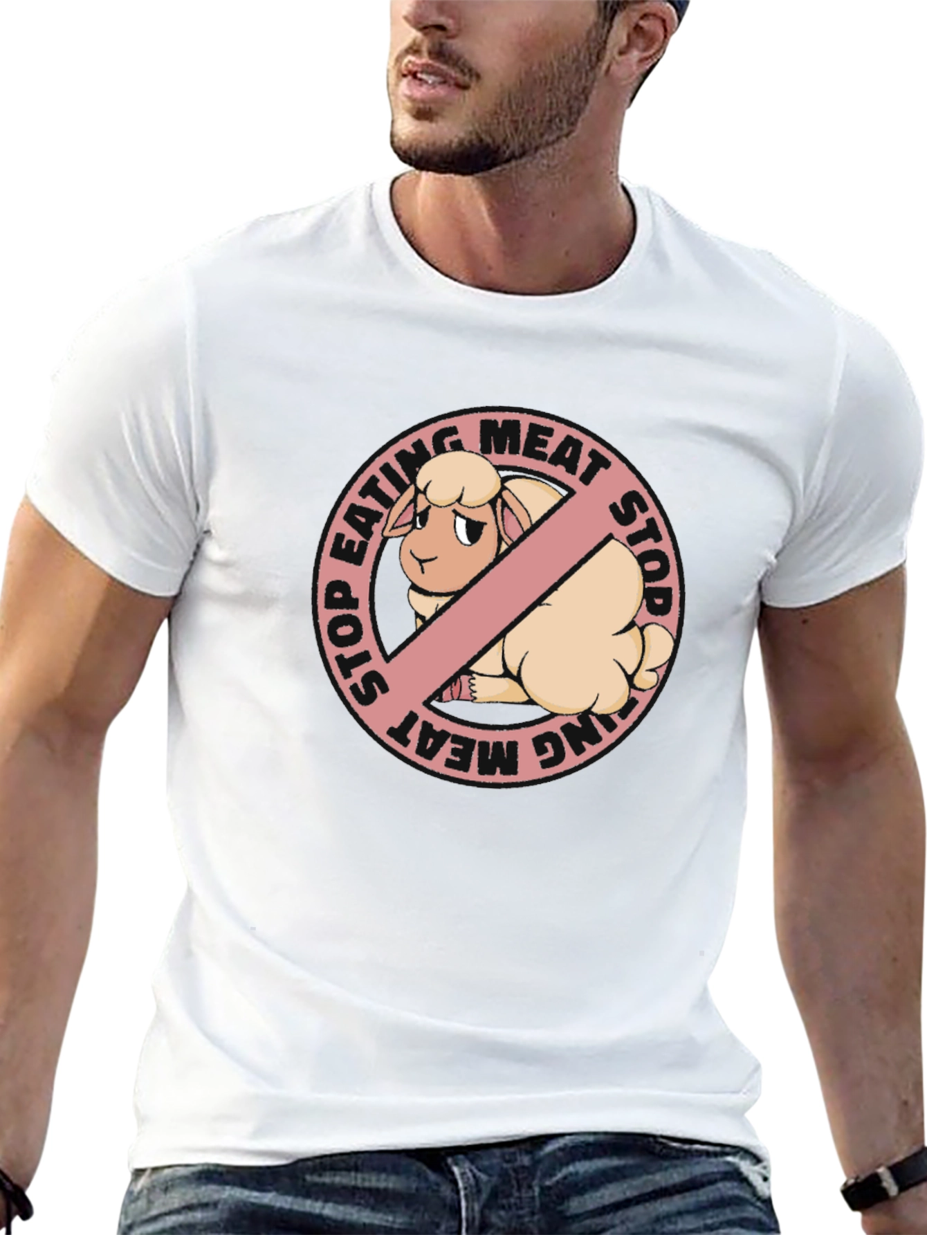 Stop Eating Meat Vegan T-Shirt with Sheep Graphic