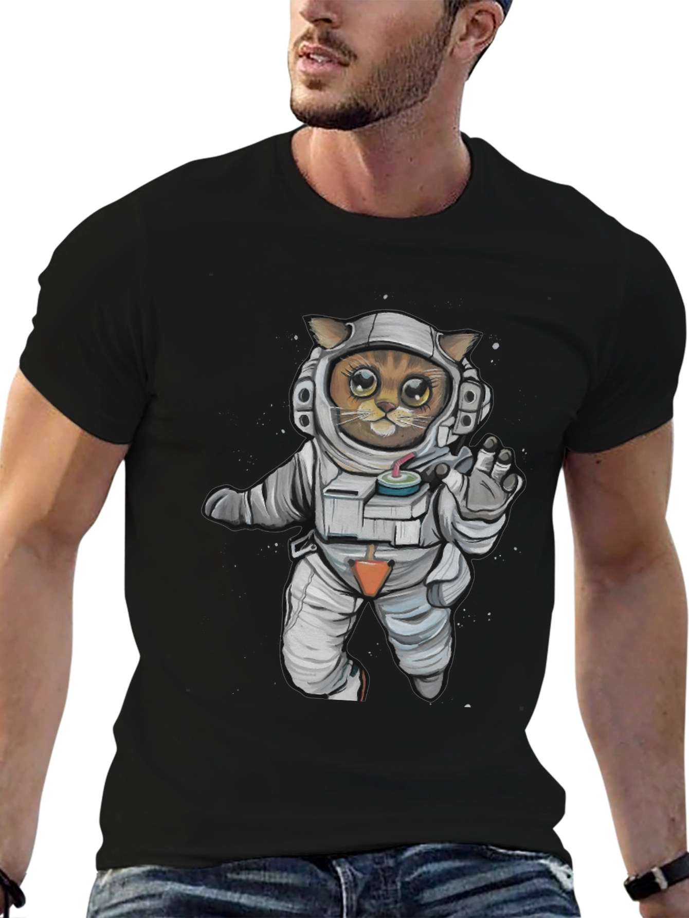 Astronaut Cat Graphic Tee - Black