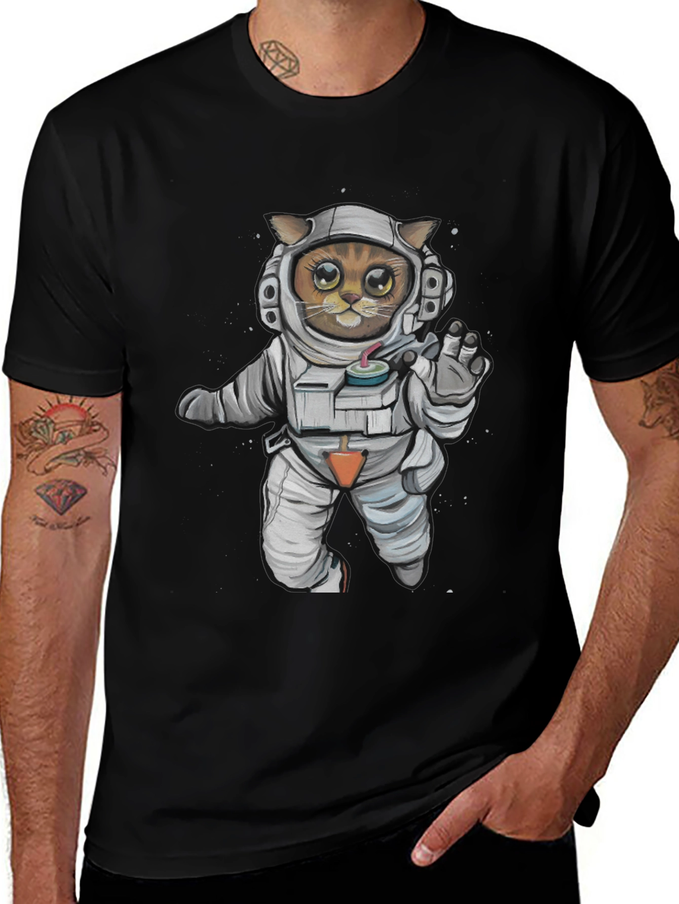 Astronaut Cat Graphic Tee - Black