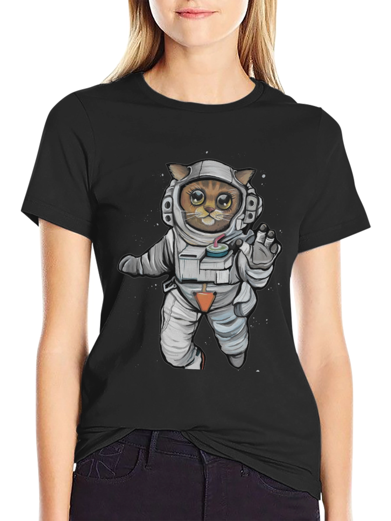 Astronaut Cat Graphic Tee - Black
