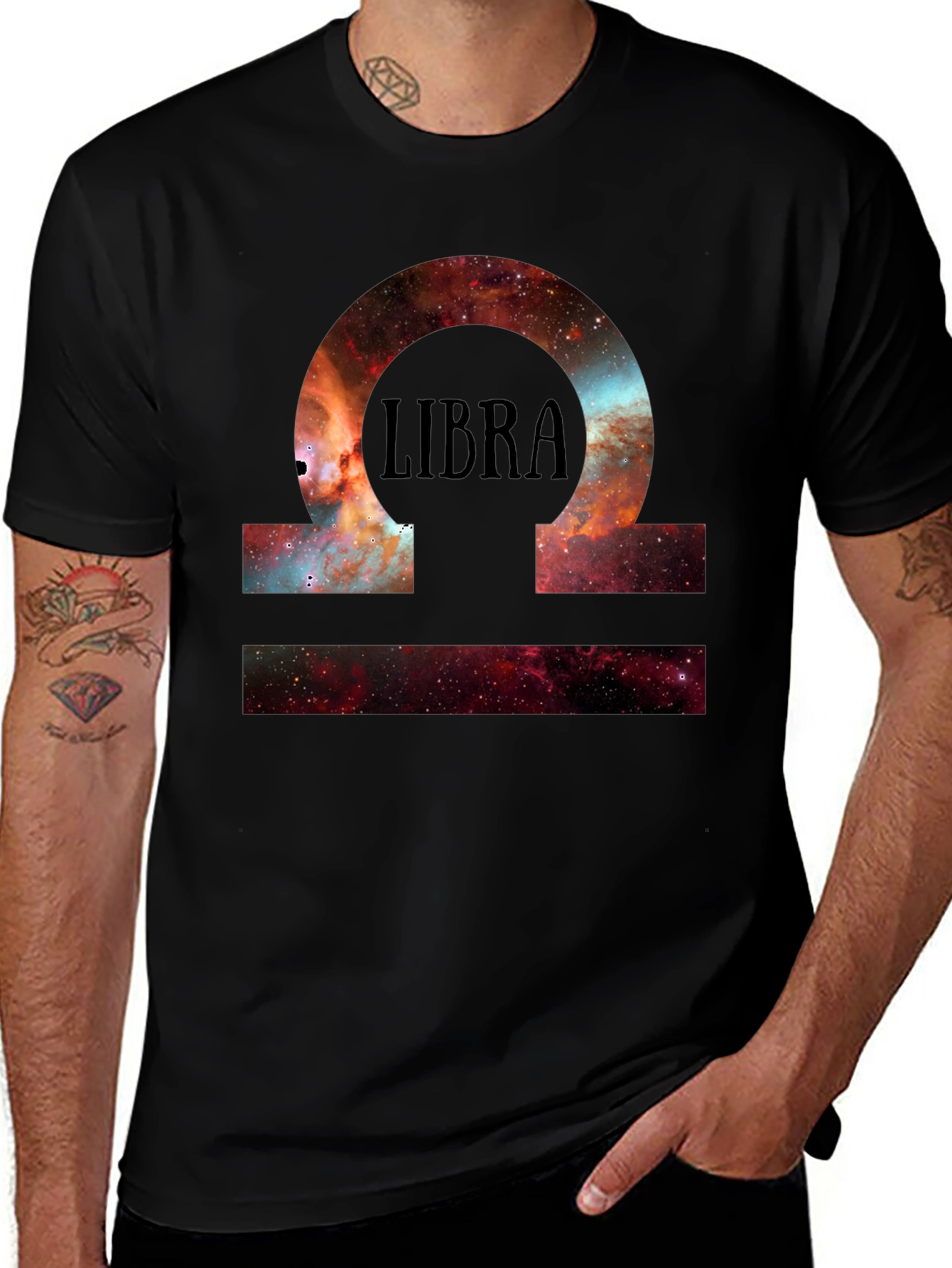 Libra Zodiac Galaxy Print Black T-Shirt