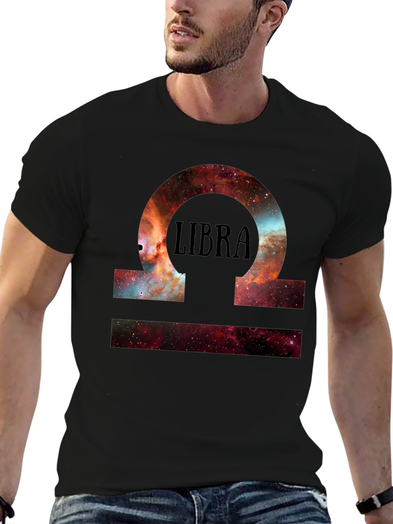 Libra Zodiac Galaxy Print Black T-Shirt