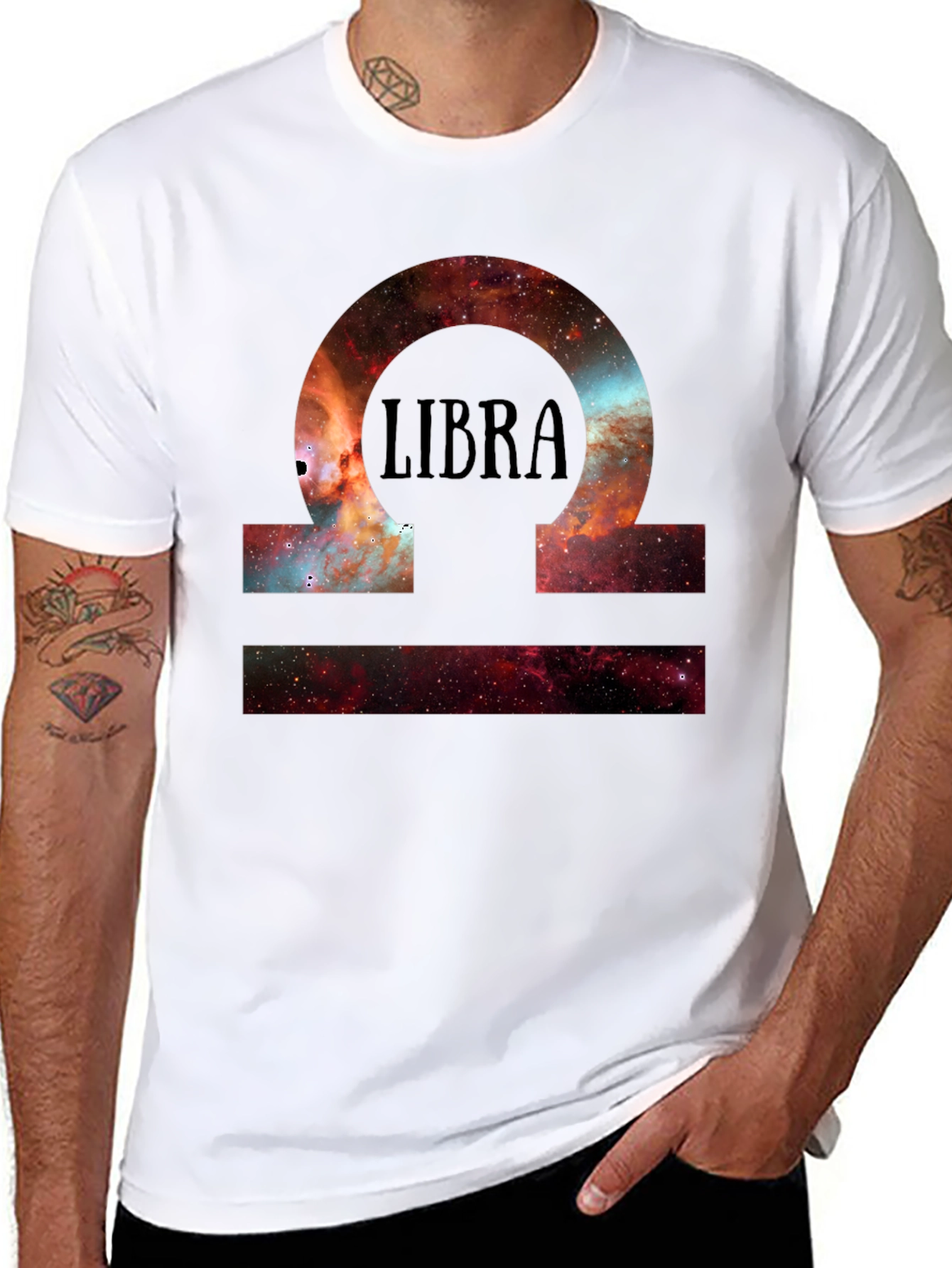 Libra Zodiac Galaxy Print Black T-Shirt