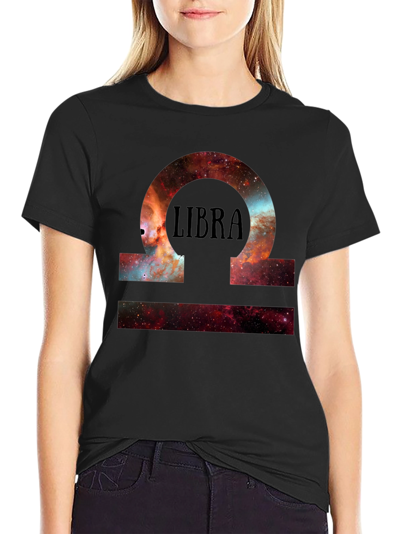 Libra Zodiac Galaxy Print Black T-Shirt