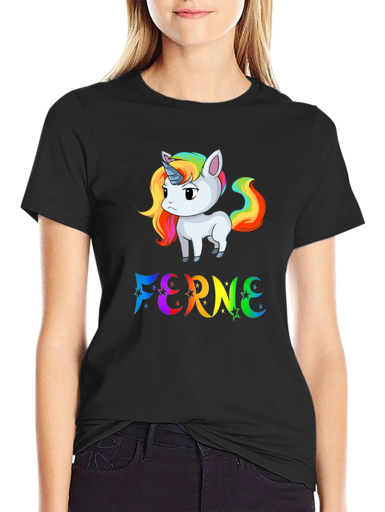 Rainbow Unicorn FERNE Graphic Black T-Shirt