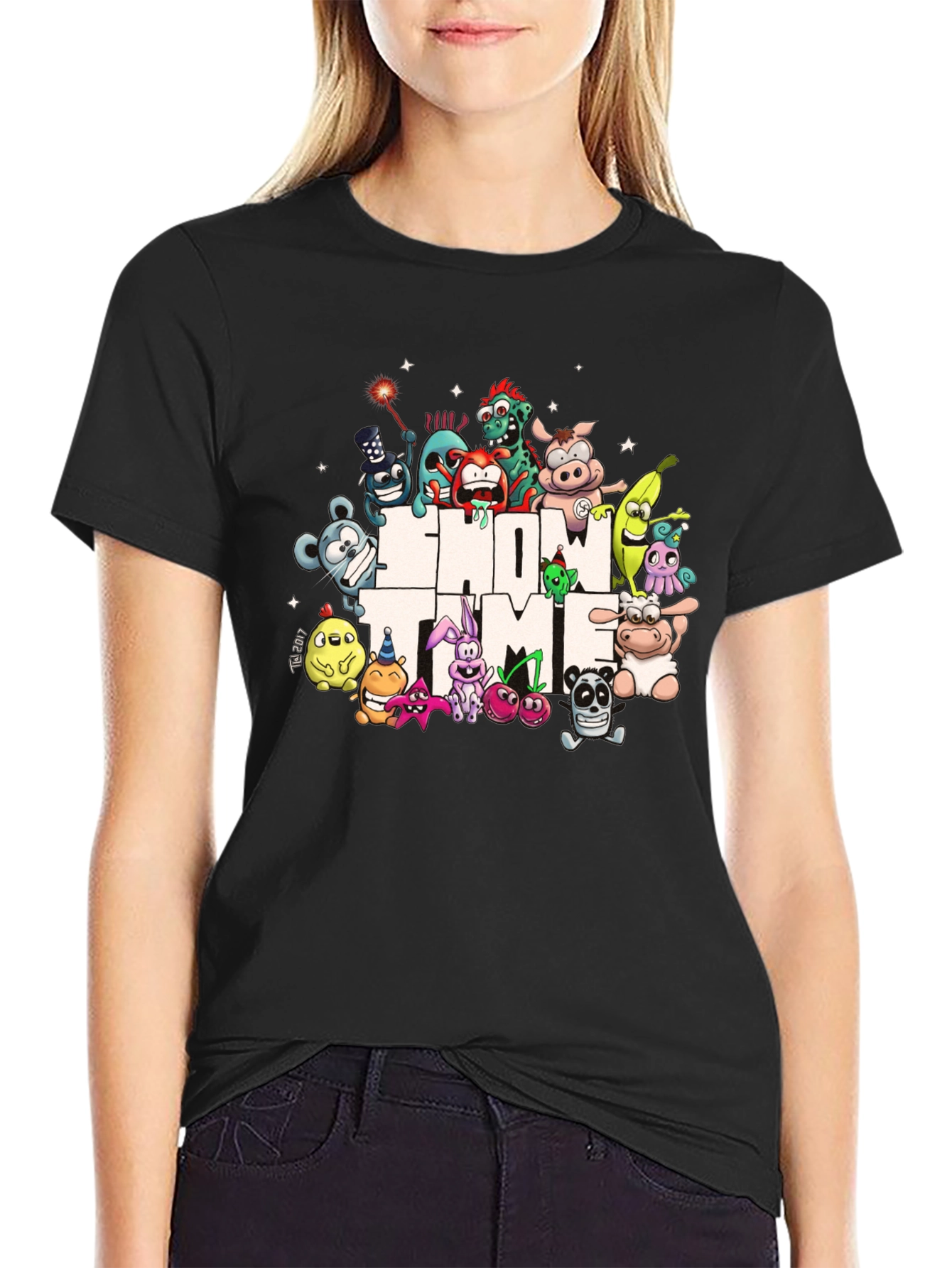 Show Time Character Print Black T-Shirt