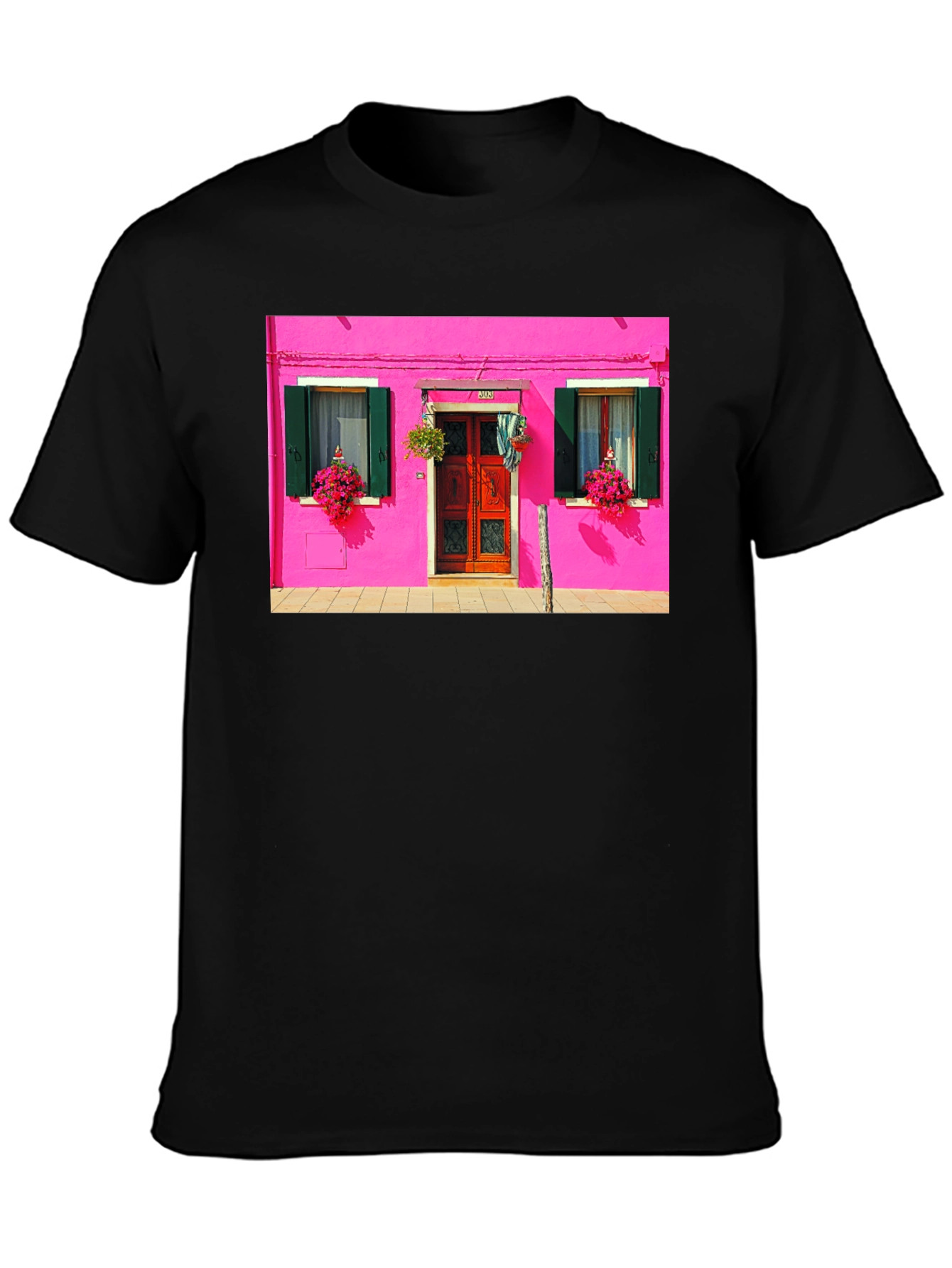Vibrant Burano House Print Black T-Shirt