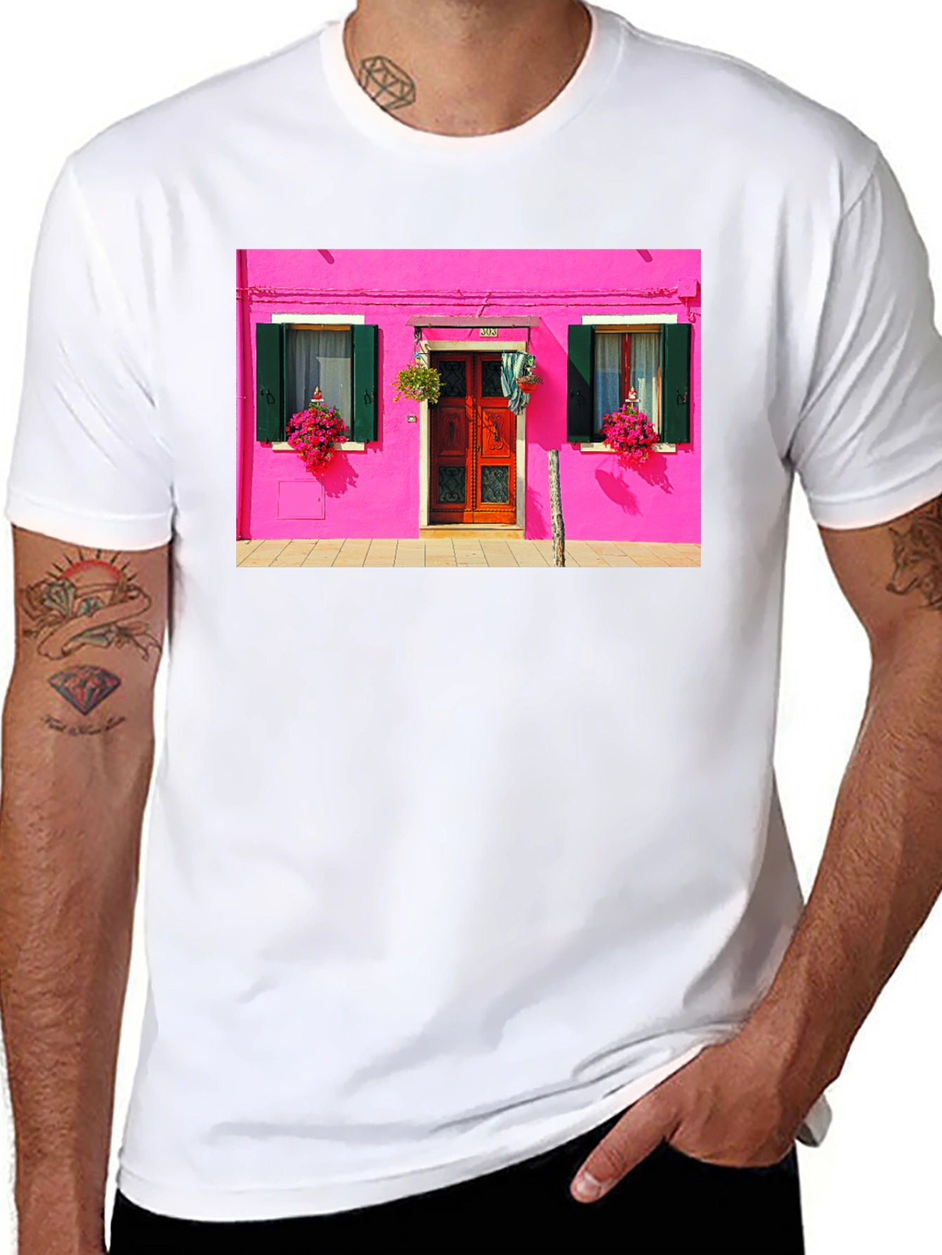 Vibrant Burano House Print Black T-Shirt
