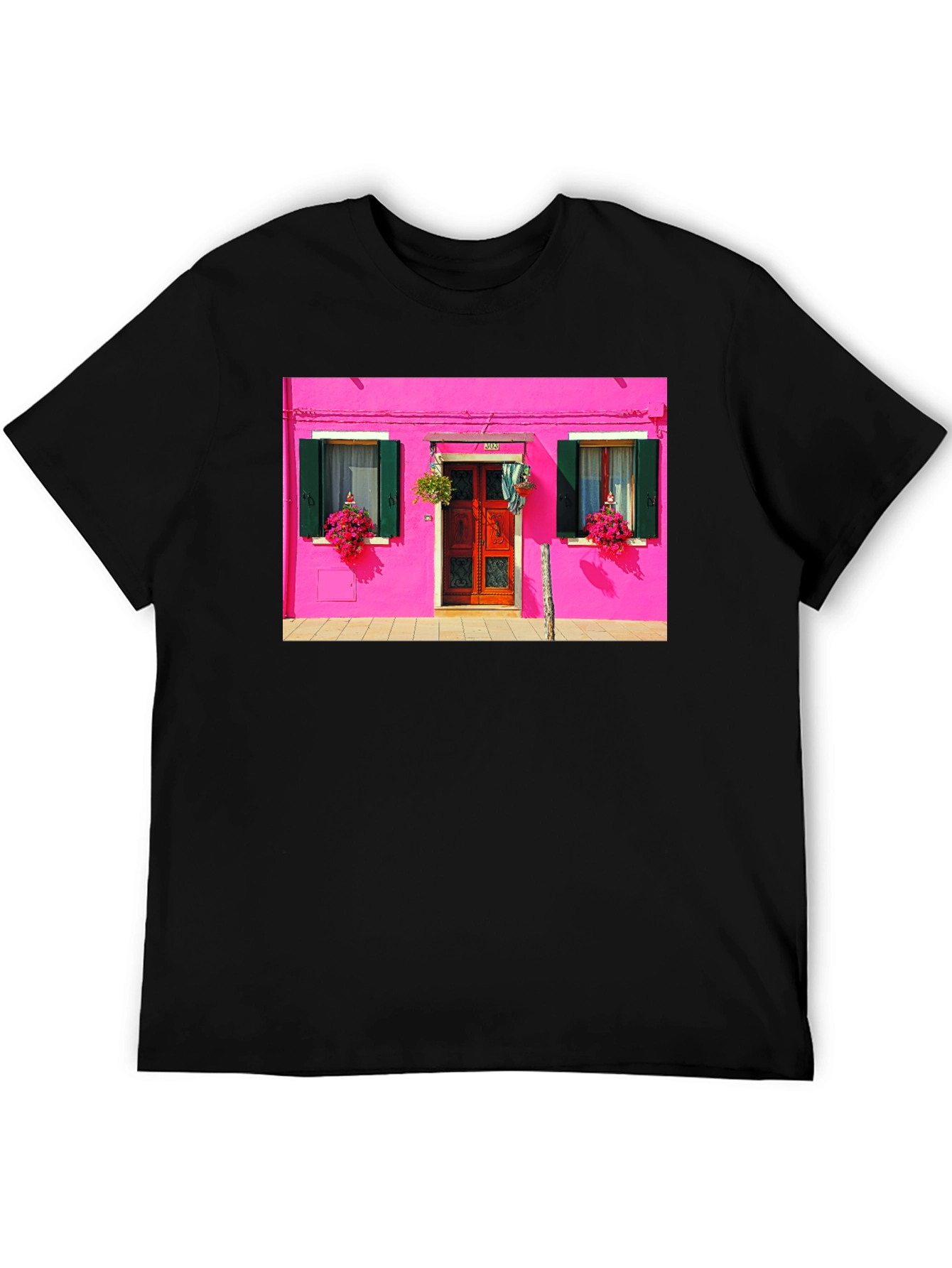 Vibrant Burano House Print Black T-Shirt