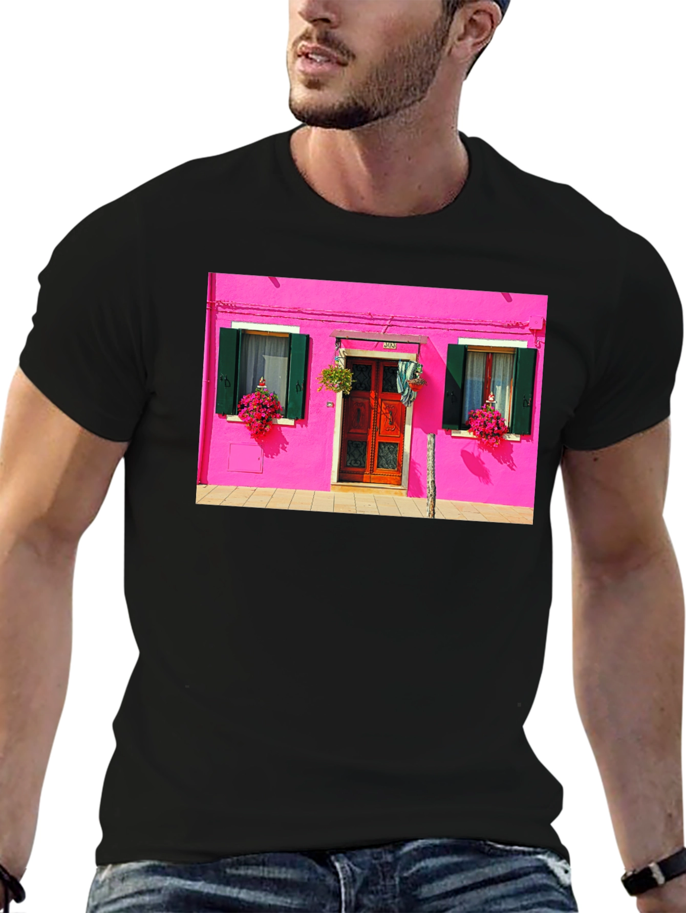 Vibrant Burano House Print Black T-Shirt