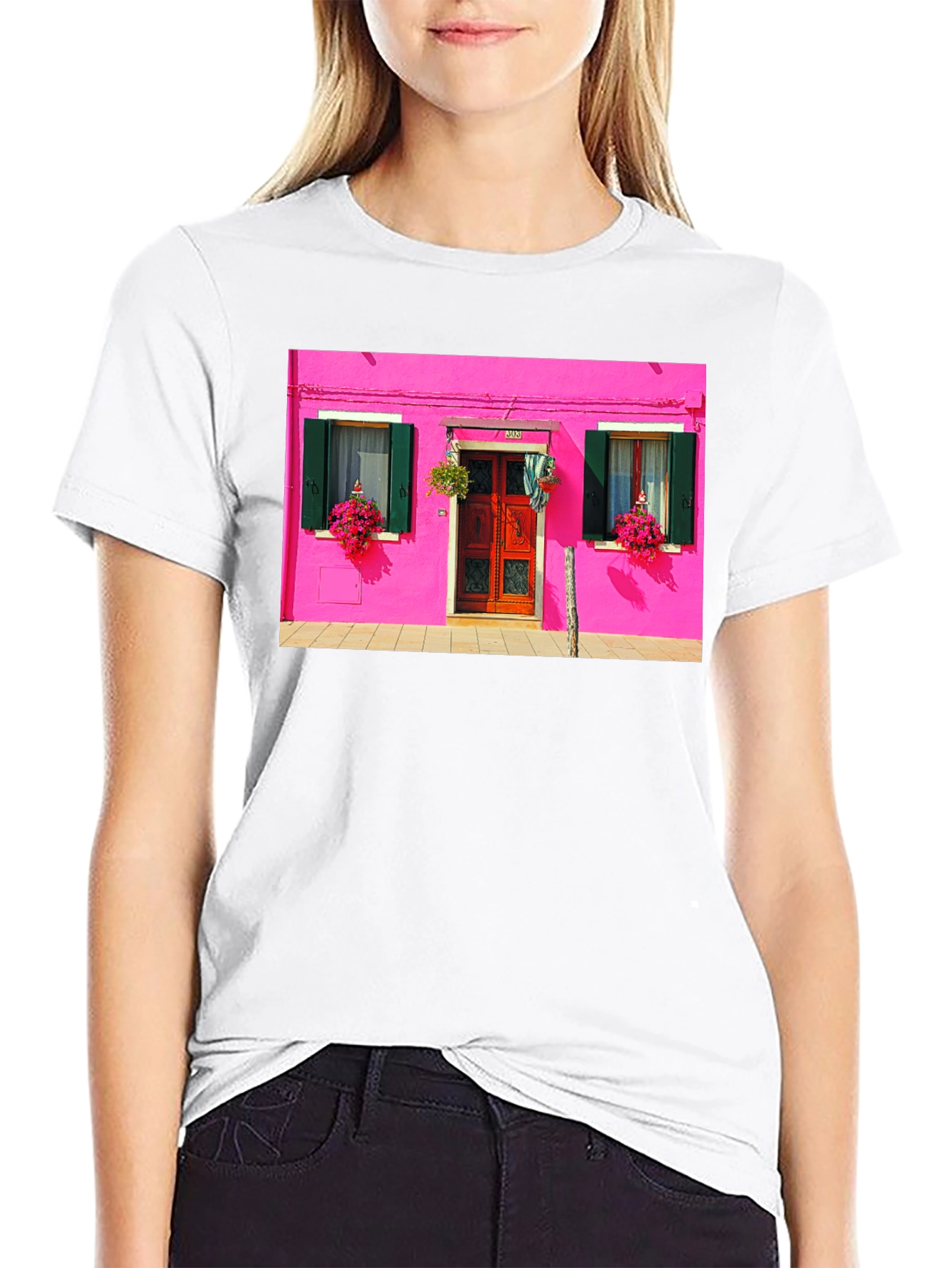 Vibrant Burano House Print Black T-Shirt