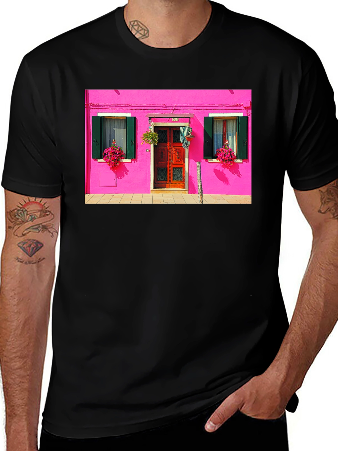 Vibrant Burano House Print Black T-Shirt