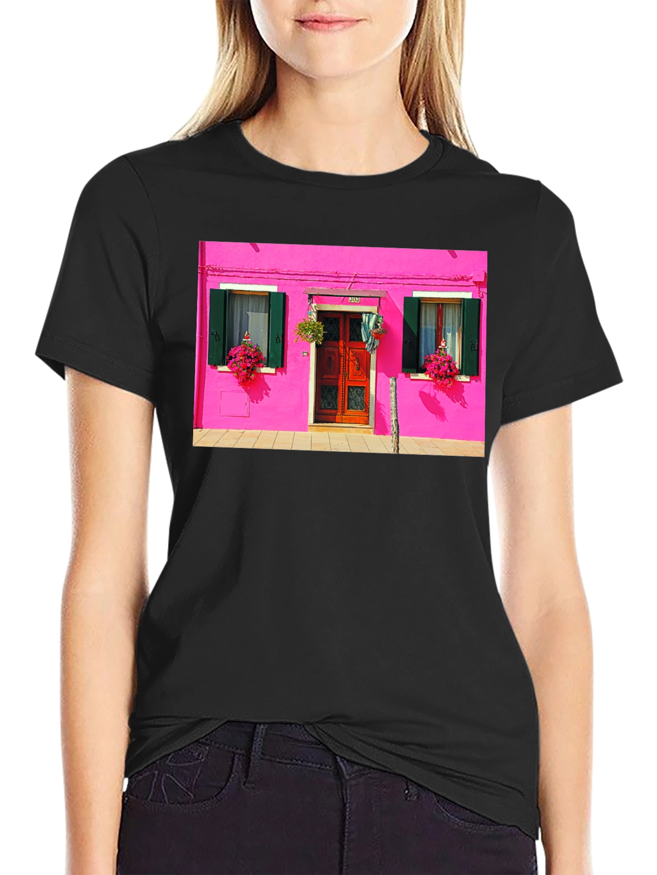 Vibrant Burano House Print Black T-Shirt
