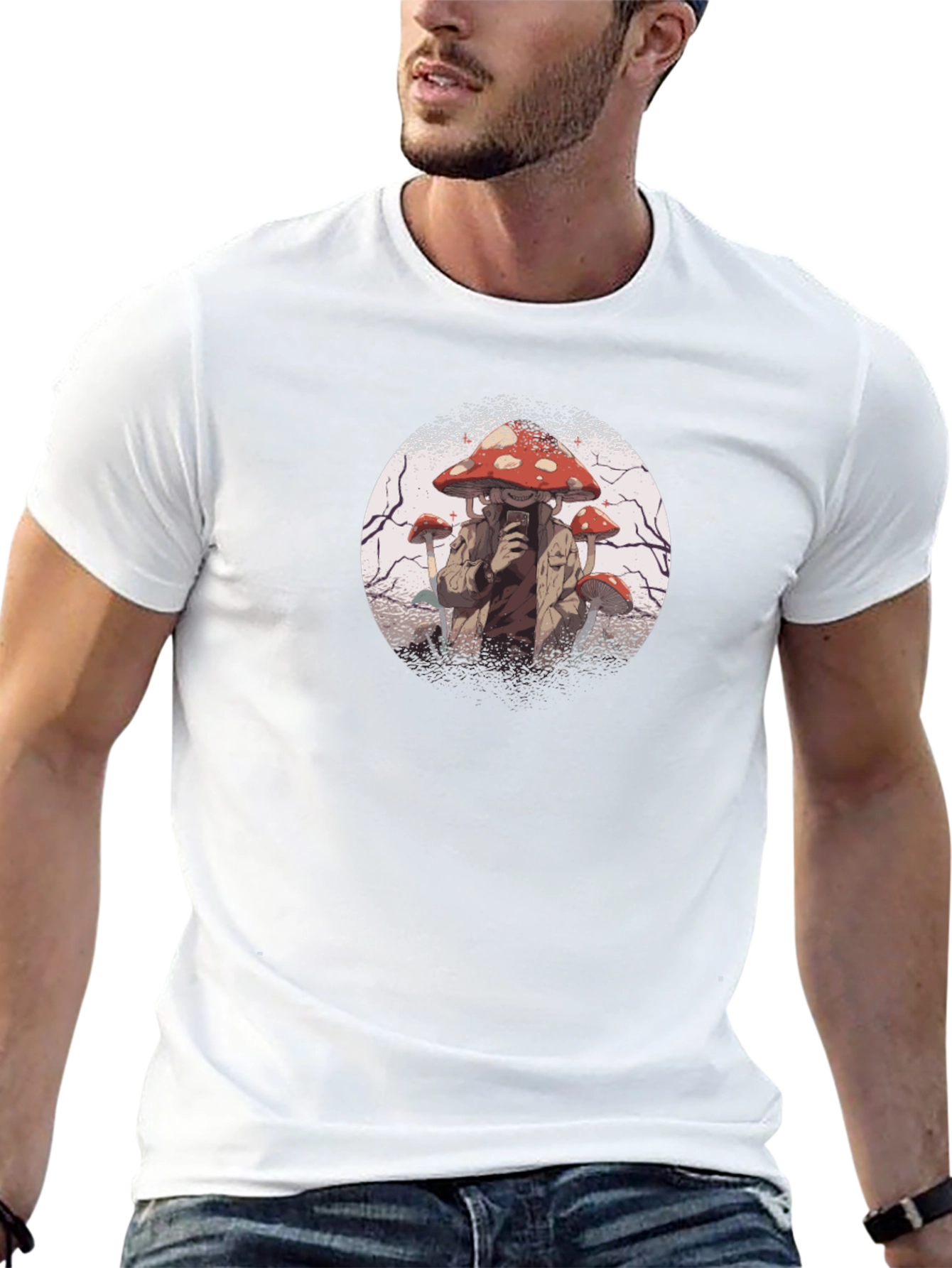 Mushroom Head Graphic Tee - Black Cotton Shirt
