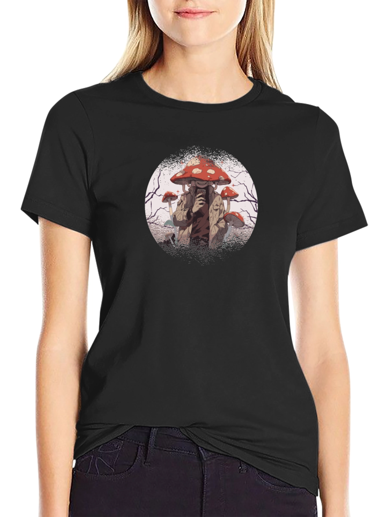 Mushroom Head Graphic Tee - Black Cotton Shirt