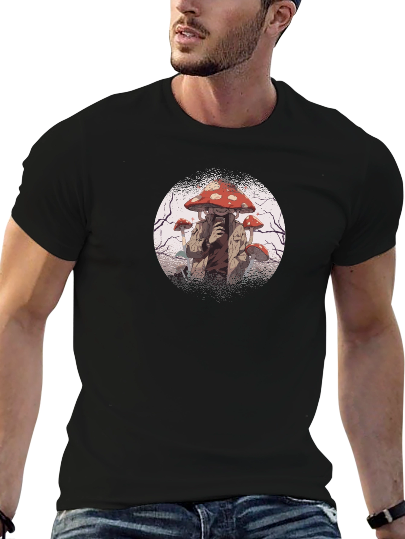 Mushroom Head Graphic Tee - Black Cotton Shirt