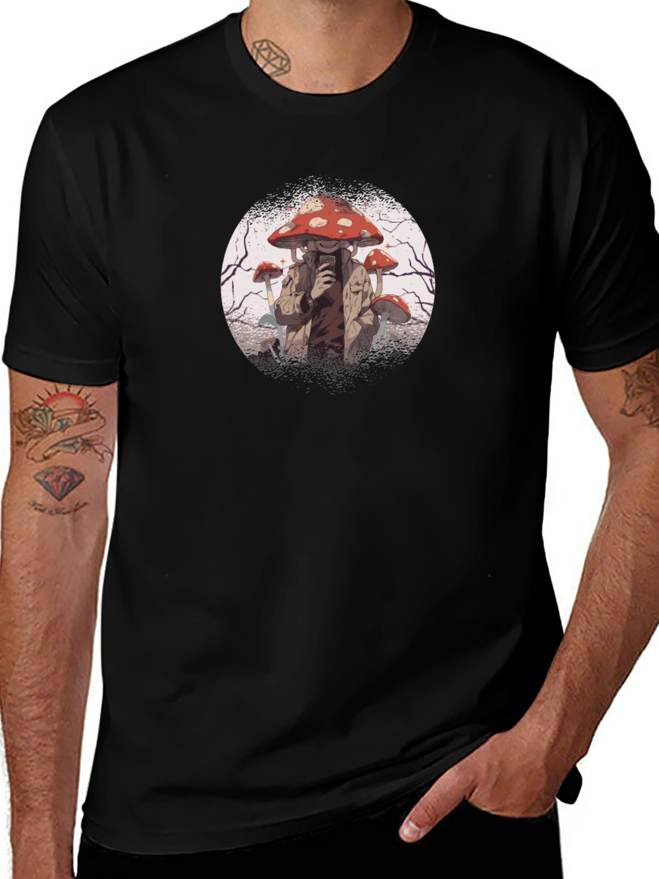 Mushroom Head Graphic Tee - Black Cotton Shirt
