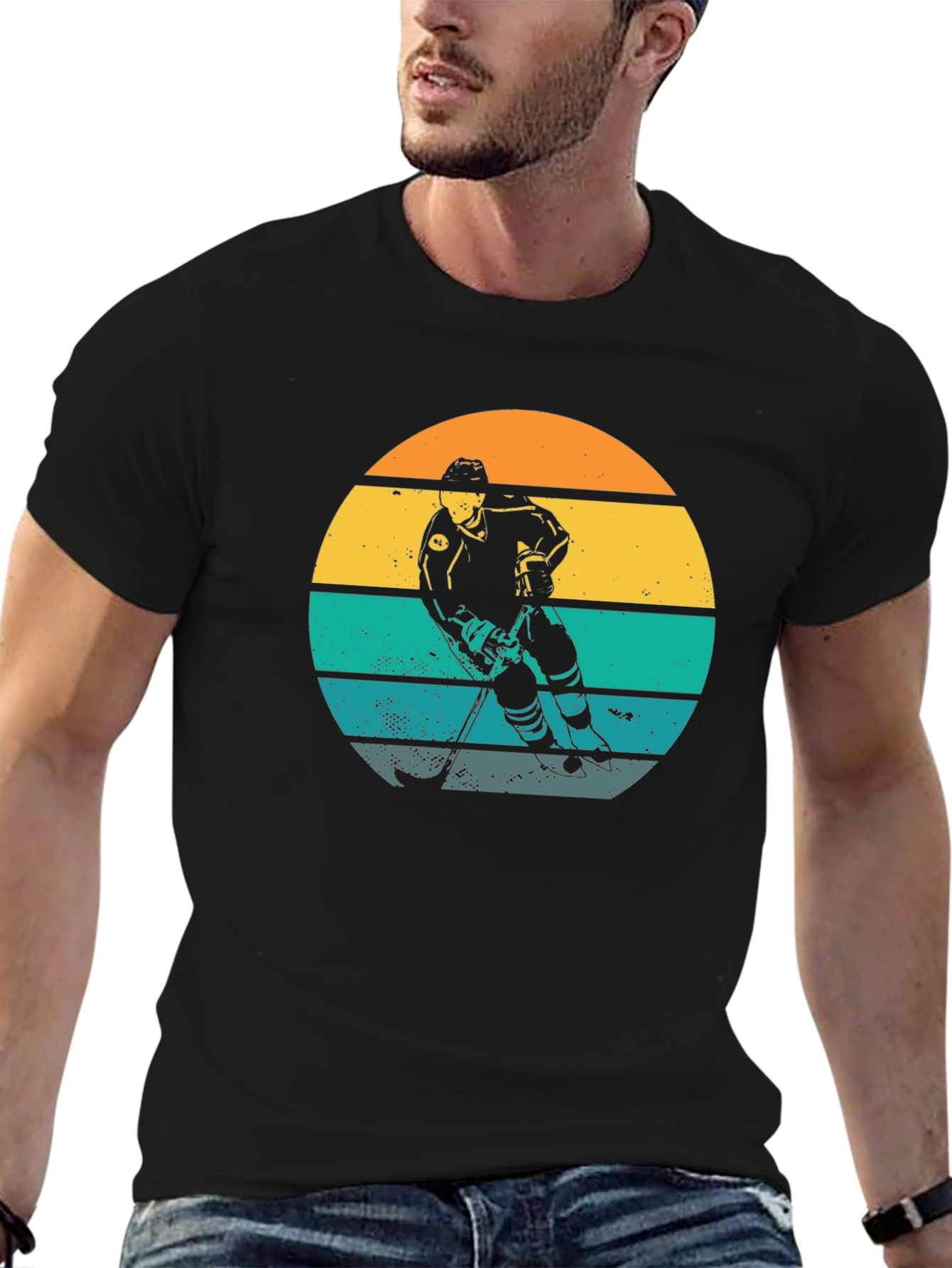 Retro Hockey Player Sunset Graphic T-Shirt