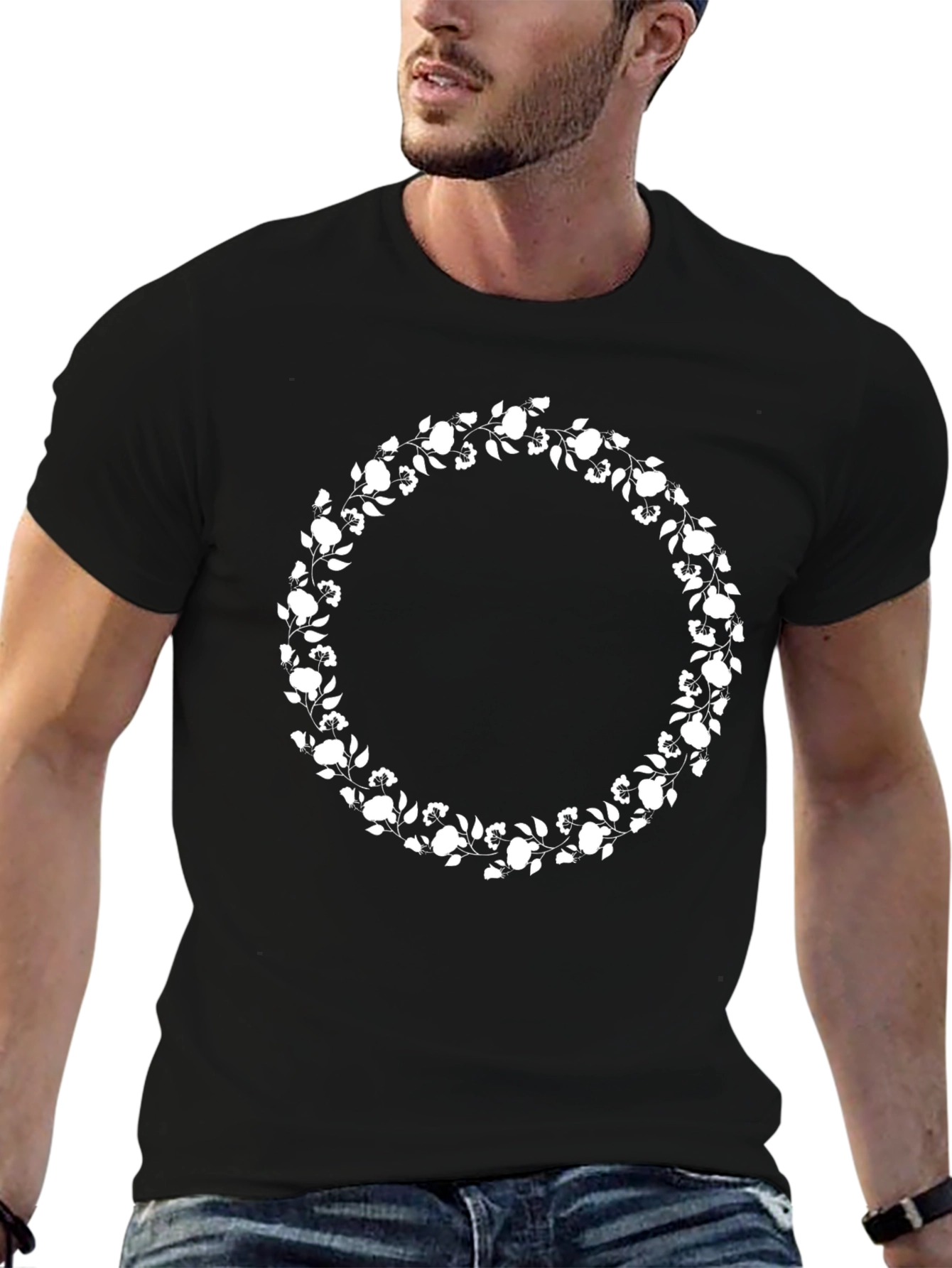 Floral Wreath Graphic T-Shirt - Black Cotton Tee