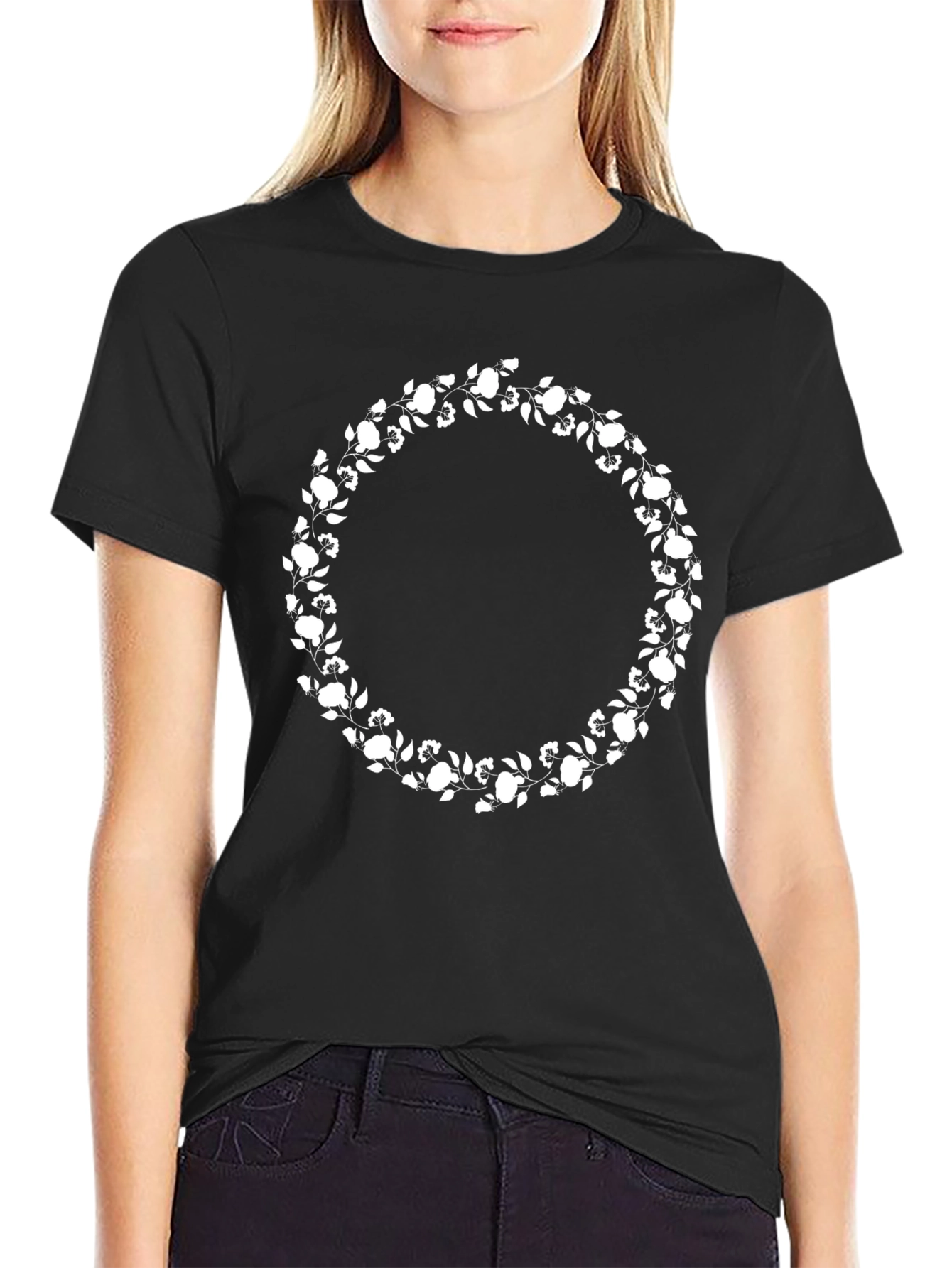 Floral Wreath Graphic T-Shirt - Black Cotton Tee