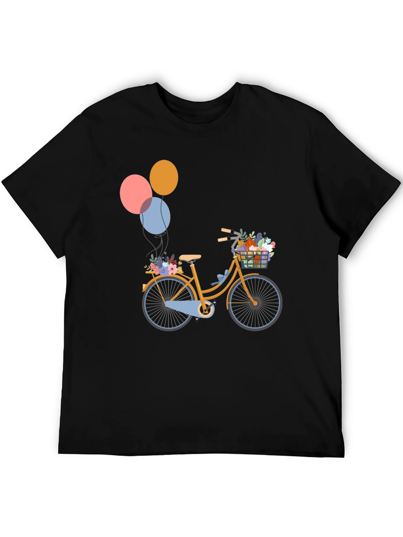 Black T-Shirt with Bicycle & Balloons Graphic