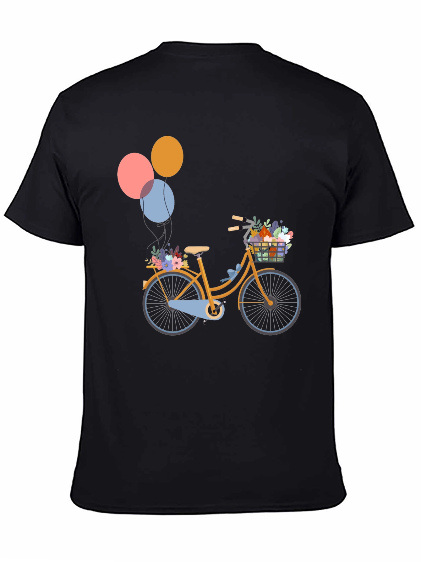 Black T-Shirt with Bicycle & Balloons Graphic