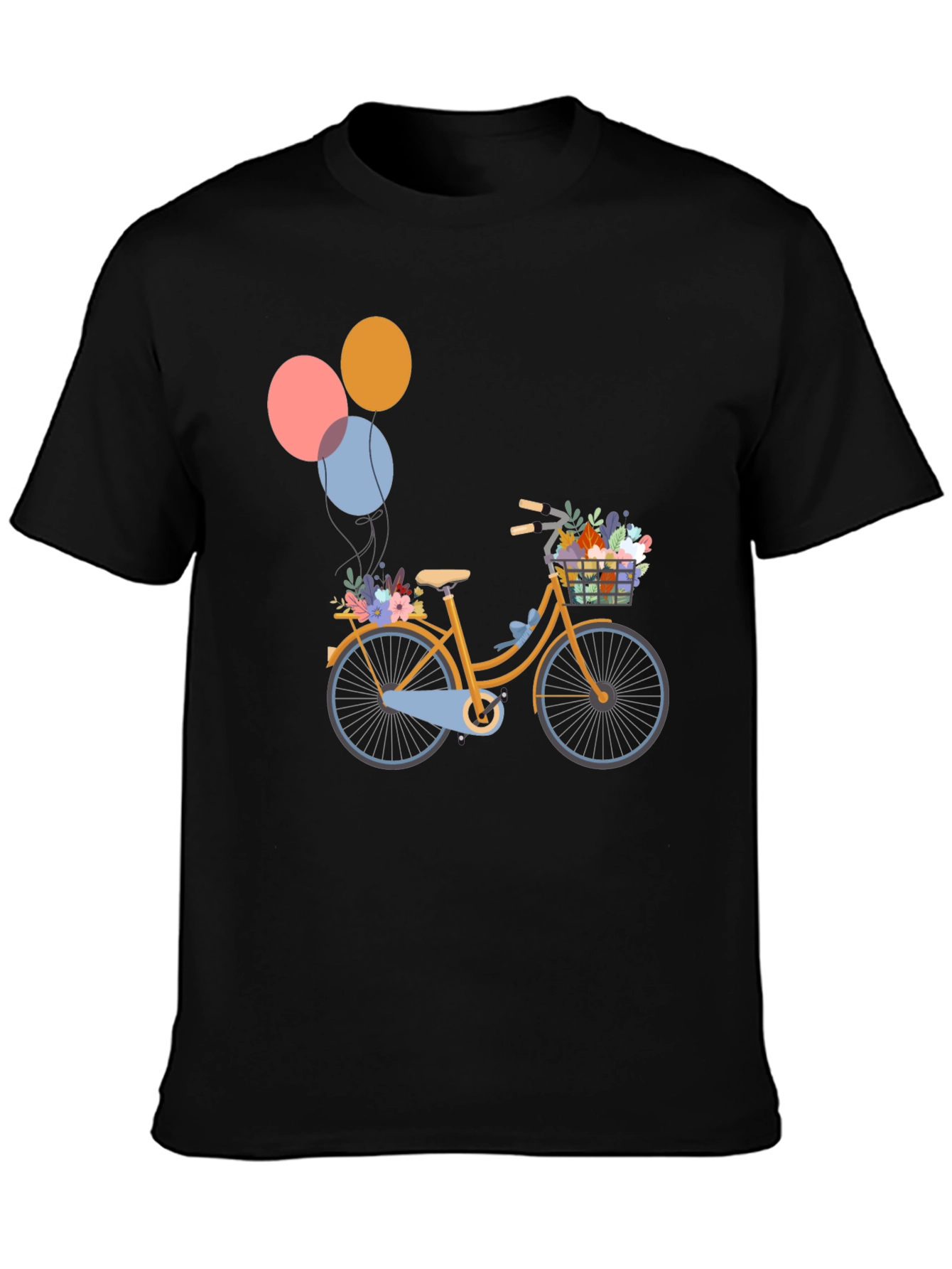 Black T-Shirt with Bicycle & Balloons Graphic