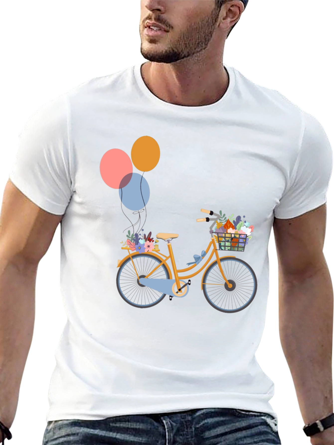 Black T-Shirt with Bicycle & Balloons Graphic
