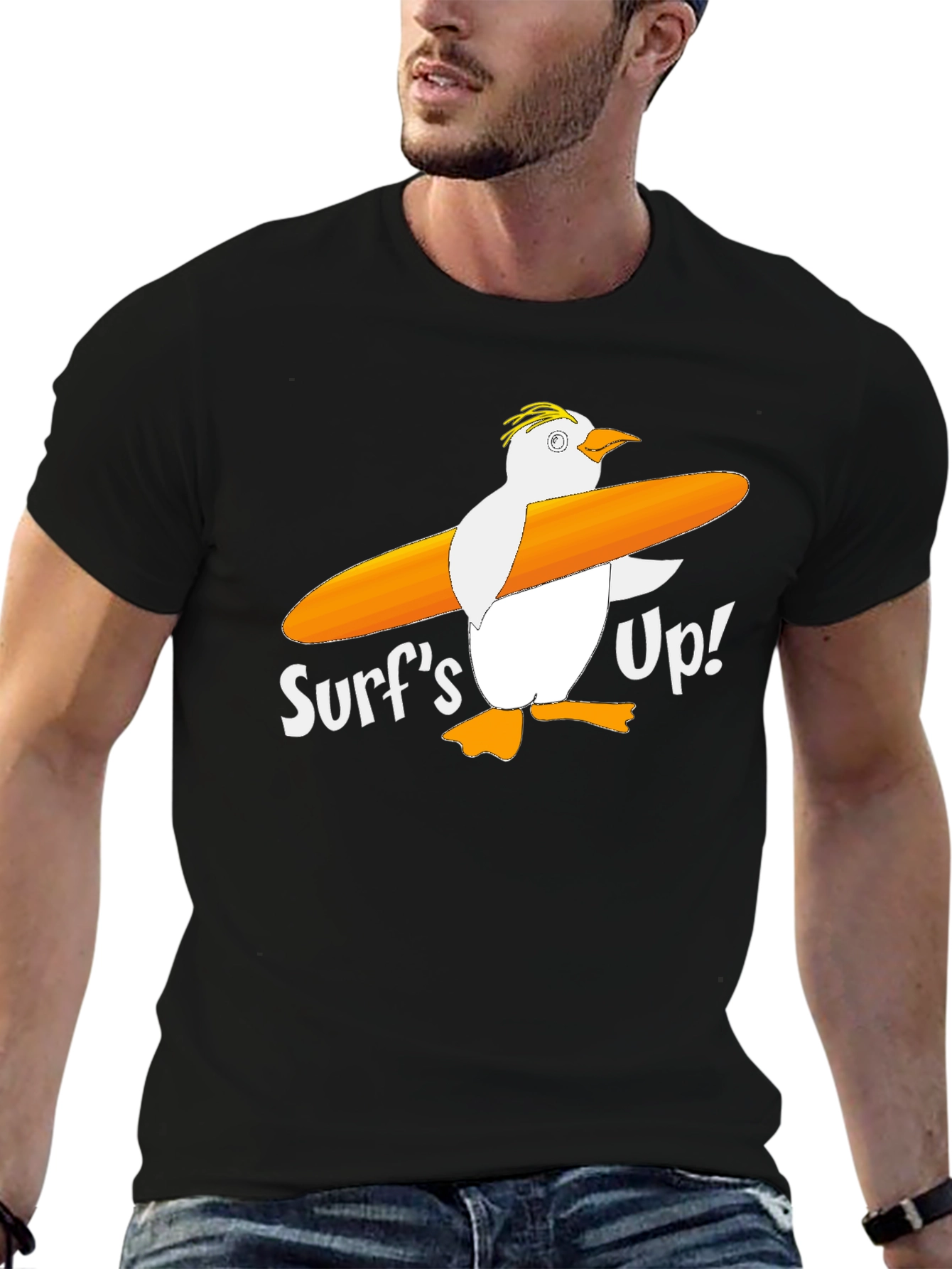 Surfs Up! Penguin Graphic Tee - Black Cotton T-Shirt