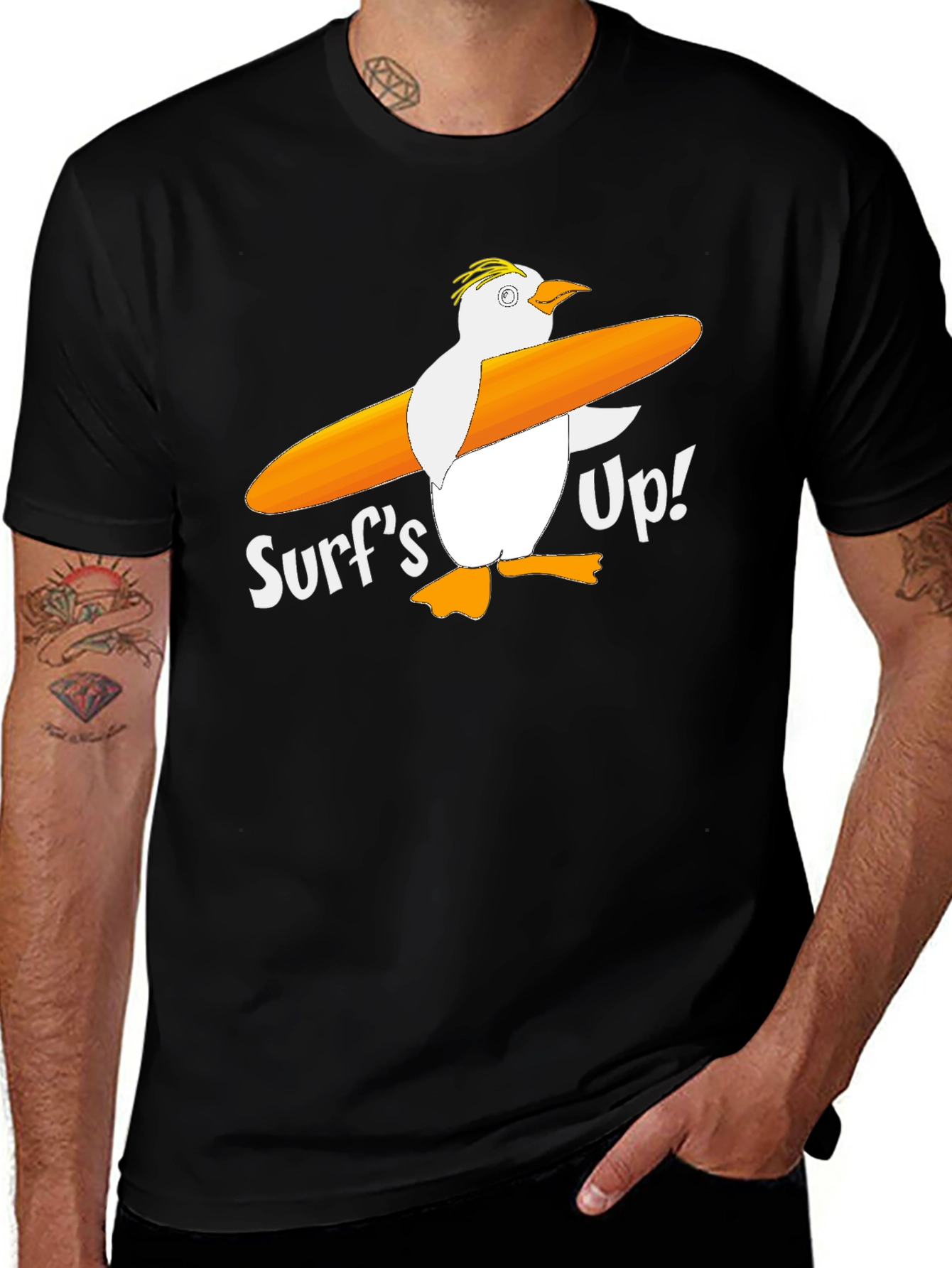 Surfs Up! Penguin Graphic Tee - Black Cotton T-Shirt