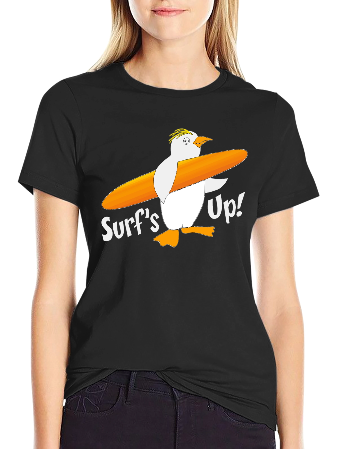 Surfs Up! Penguin Graphic Tee - Black Cotton T-Shirt