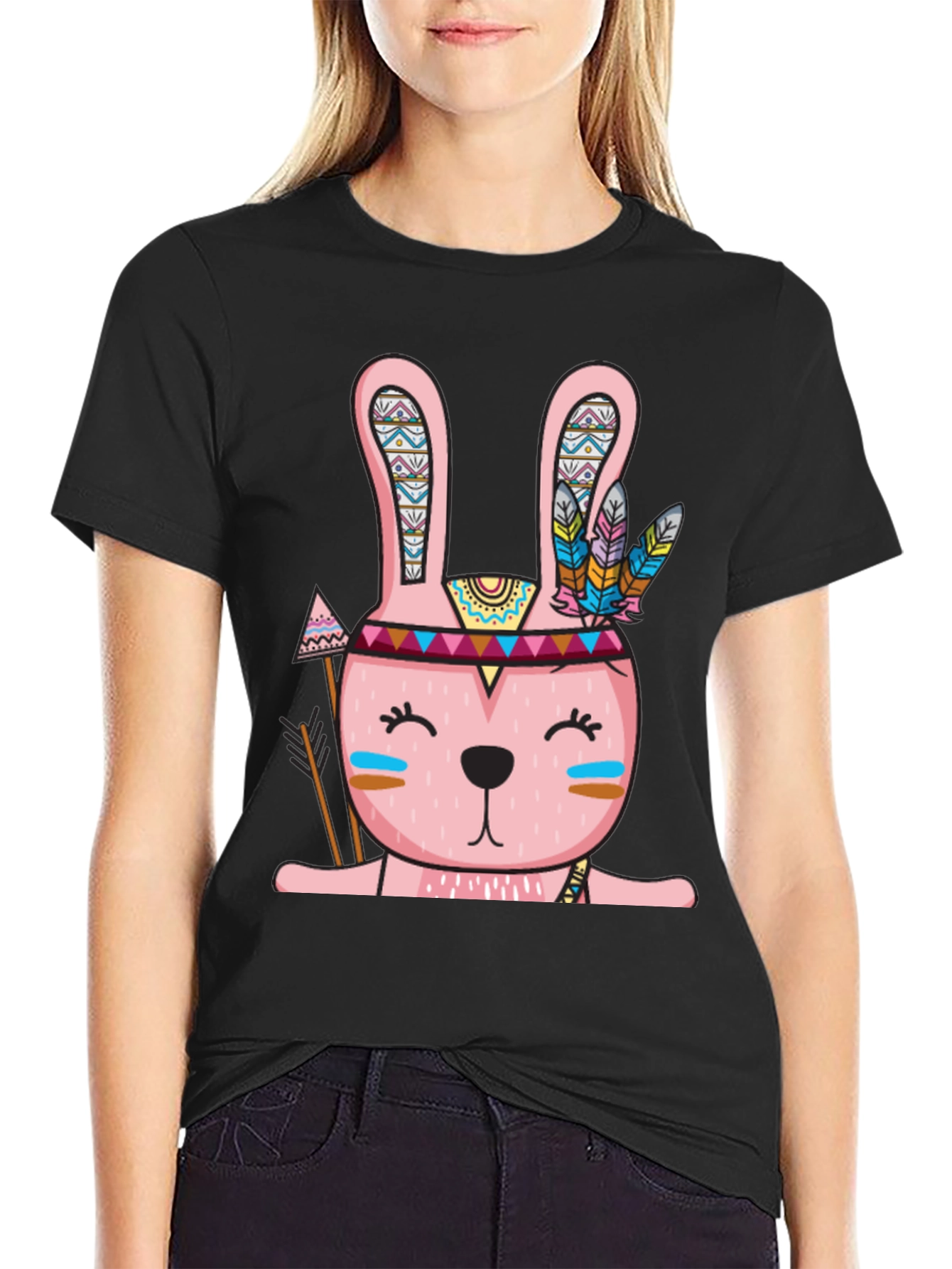 Tribal Bunny T-Shirt - Black Crew Neck Tee