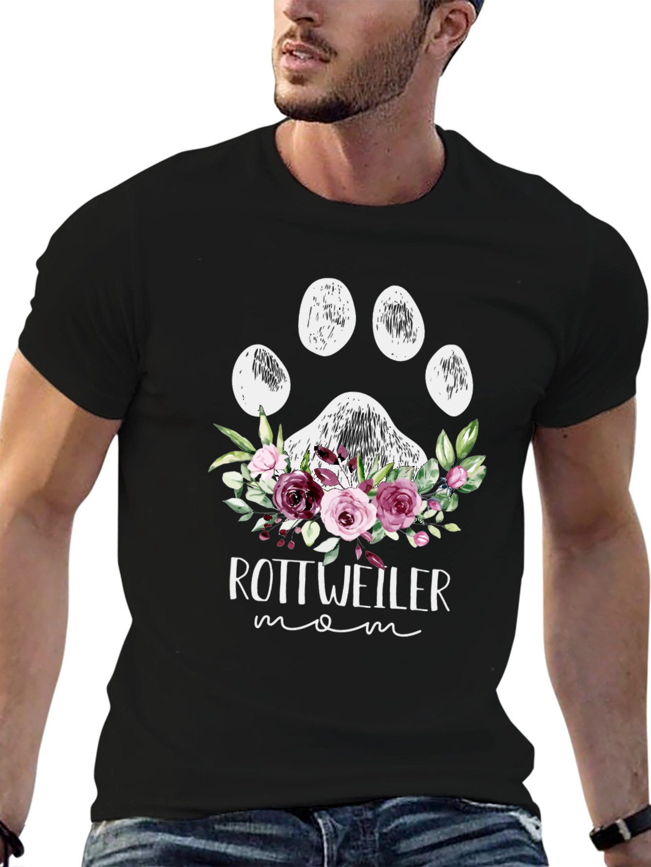 Rottweiler Mom Floral Paw Print T-Shirt