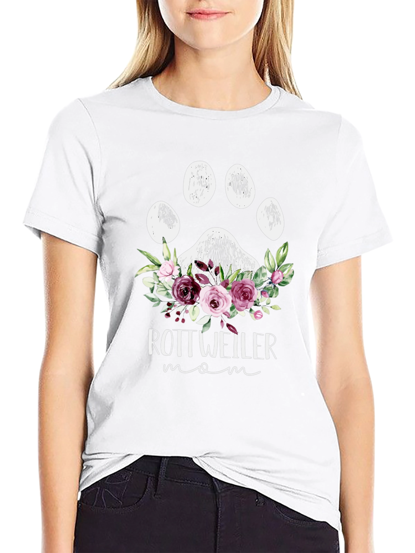 Rottweiler Mom Floral Paw Print T-Shirt