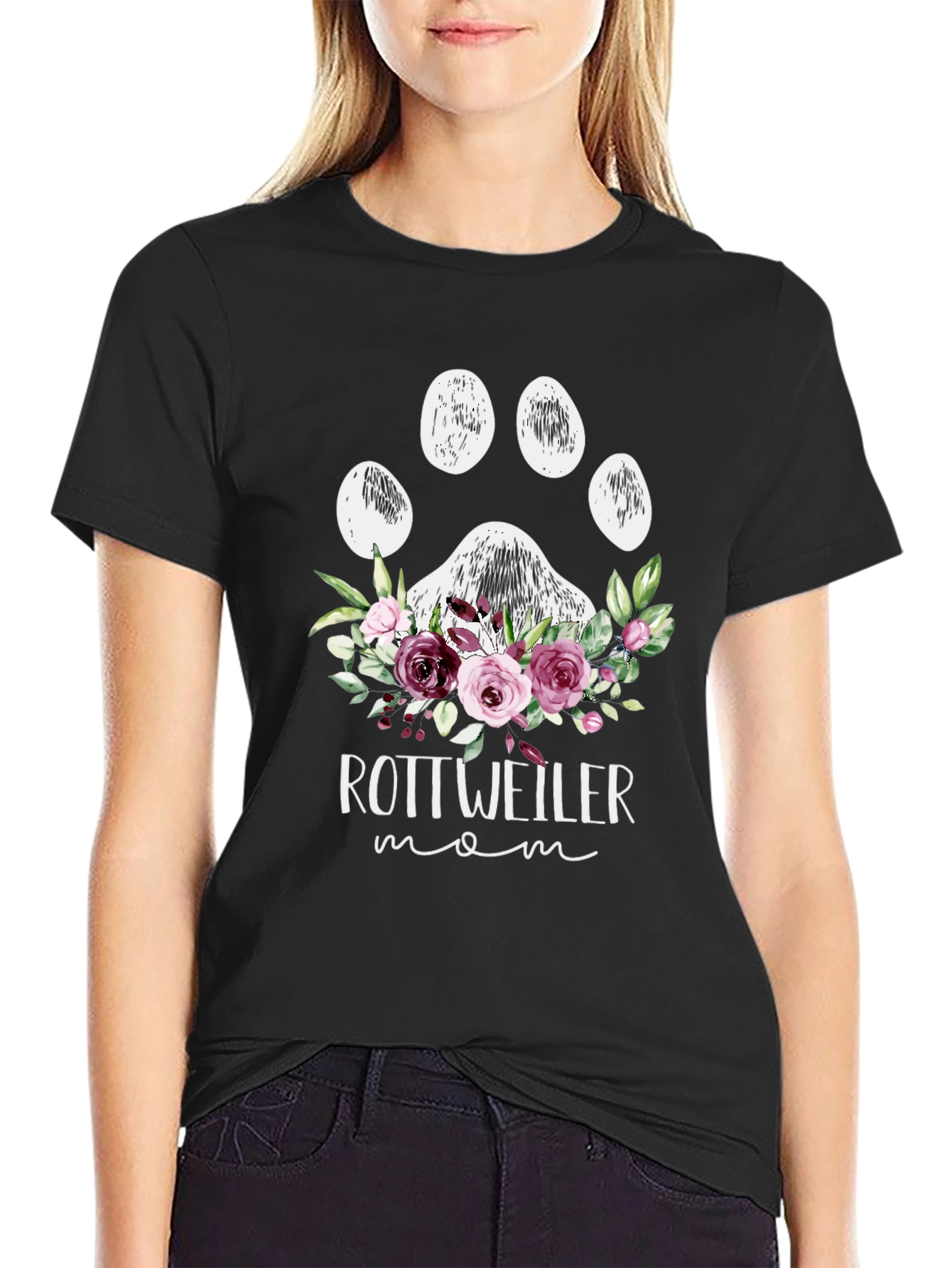 Rottweiler Mom Floral Paw Print T-Shirt
